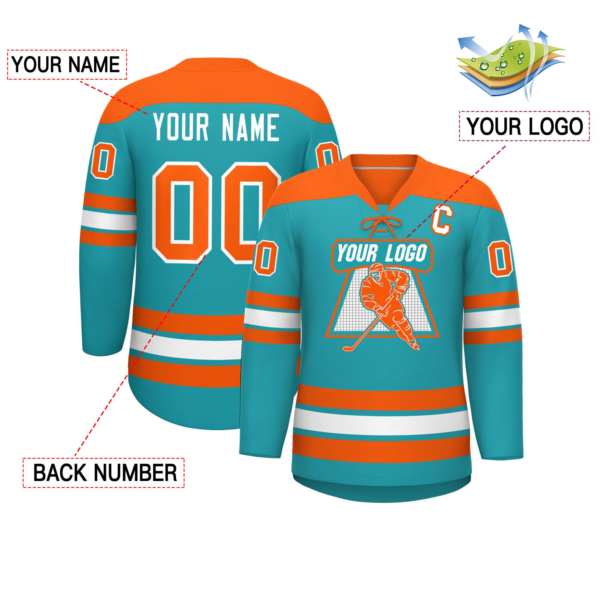 Custom Aqua Orange White Personalized Classic Lace-Up Neck Hockey Jersey