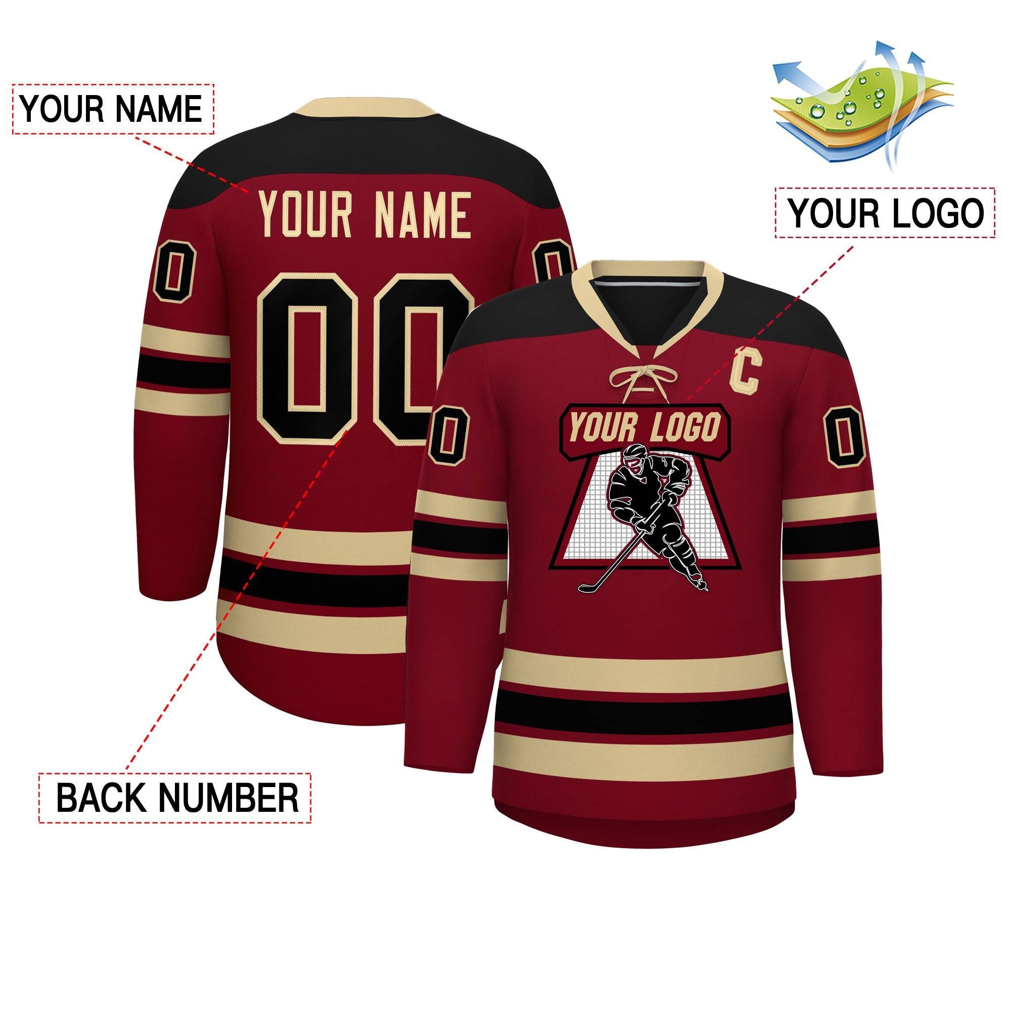 Custom Crimson Khaki Black Personalized Classic Lace-Up Neck Hockey Jersey