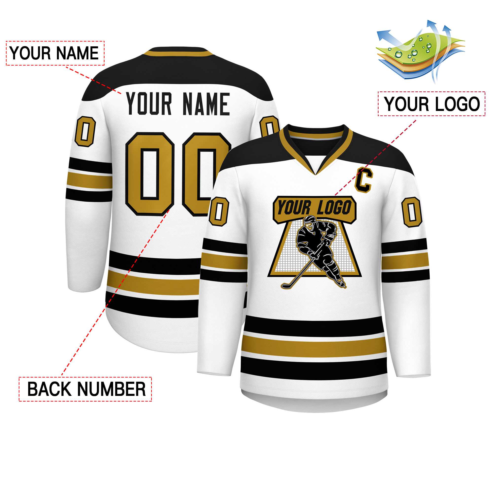 Custom White Black-Old Gold Personalized Classic V-Neck Hockey Jersey