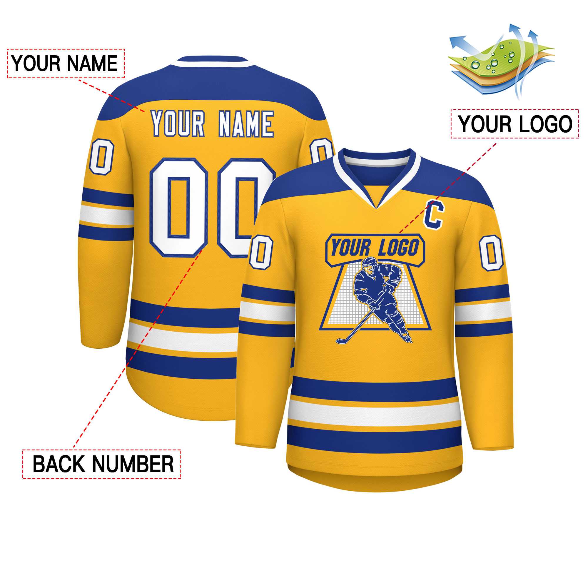 Custom Gold Royal-White Personalized Classic V-Neck Hockey Jersey