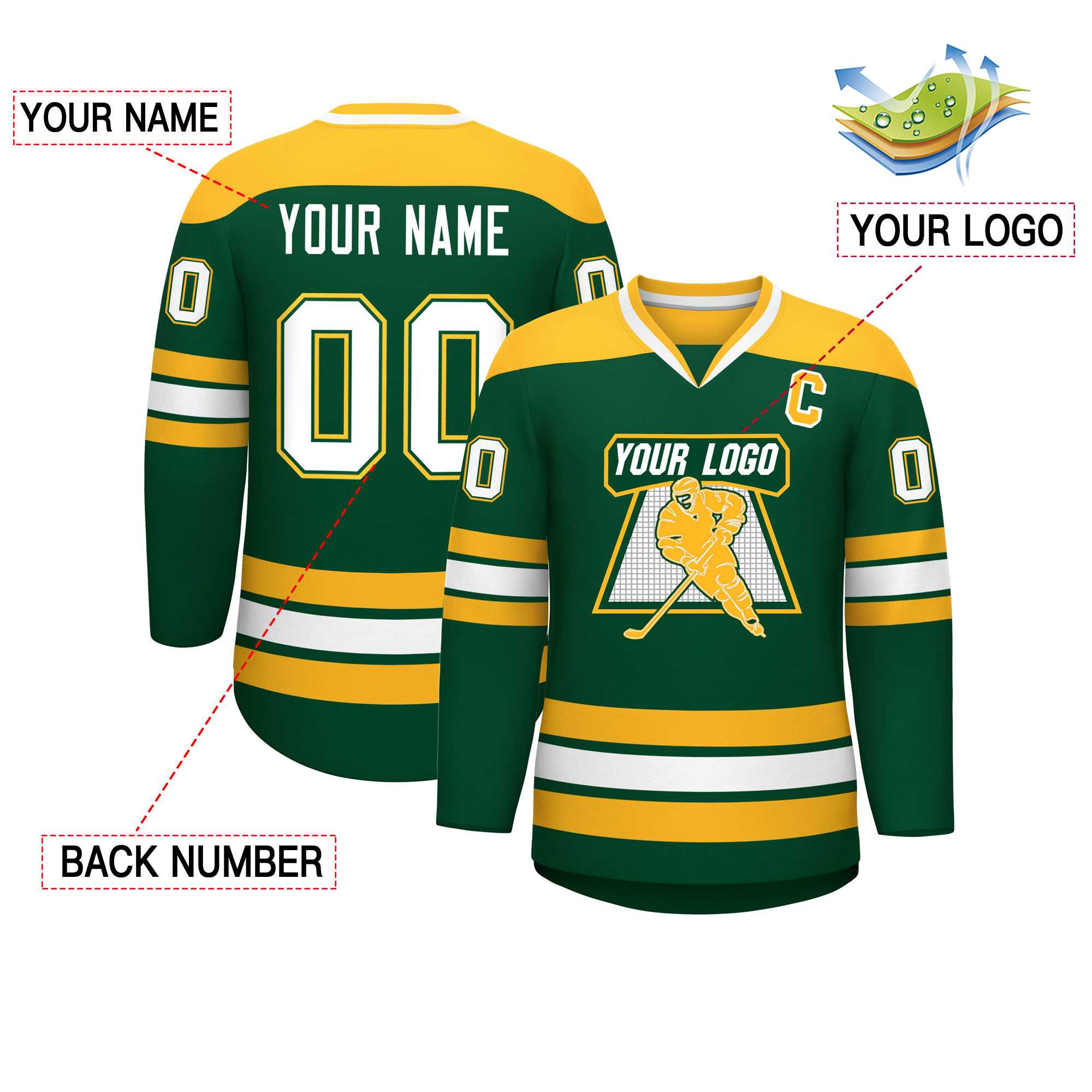 Custom Green Gold-White Personalized Classic V-Neck Hockey Jersey