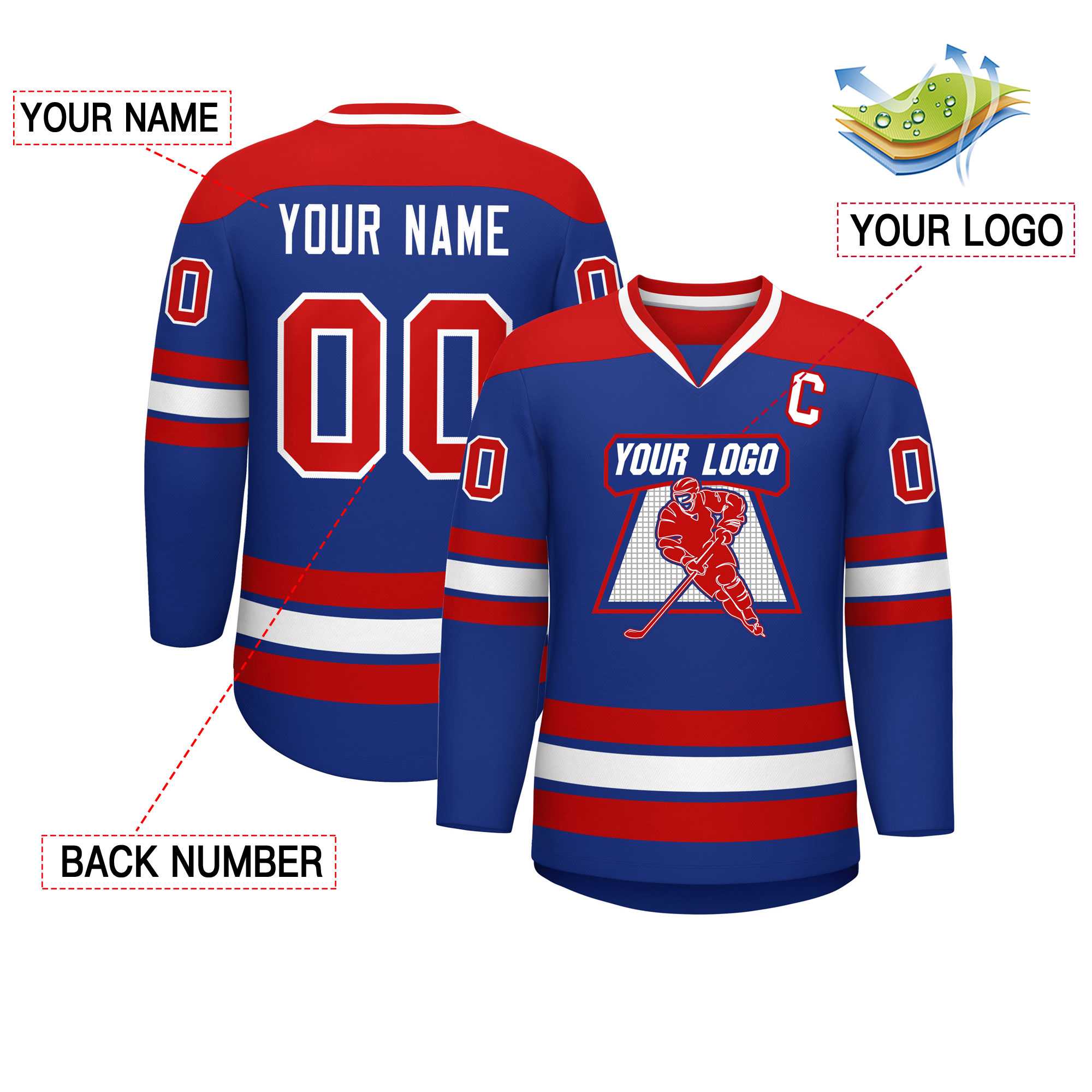 Custom Royal Red-White Personalized Classic V-Neck Hockey Jersey