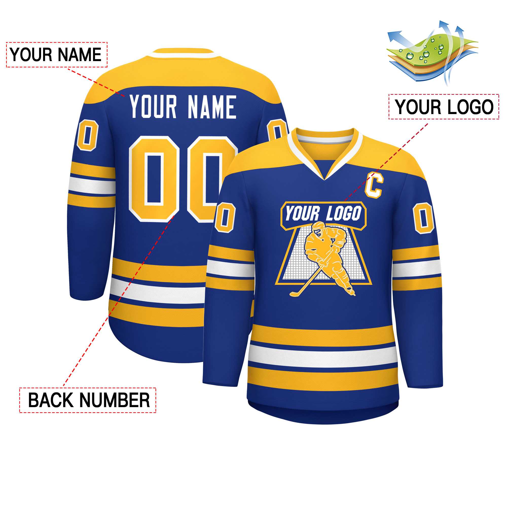 Custom Royal Gold-White Personalized Classic V-Neck Hockey Jersey