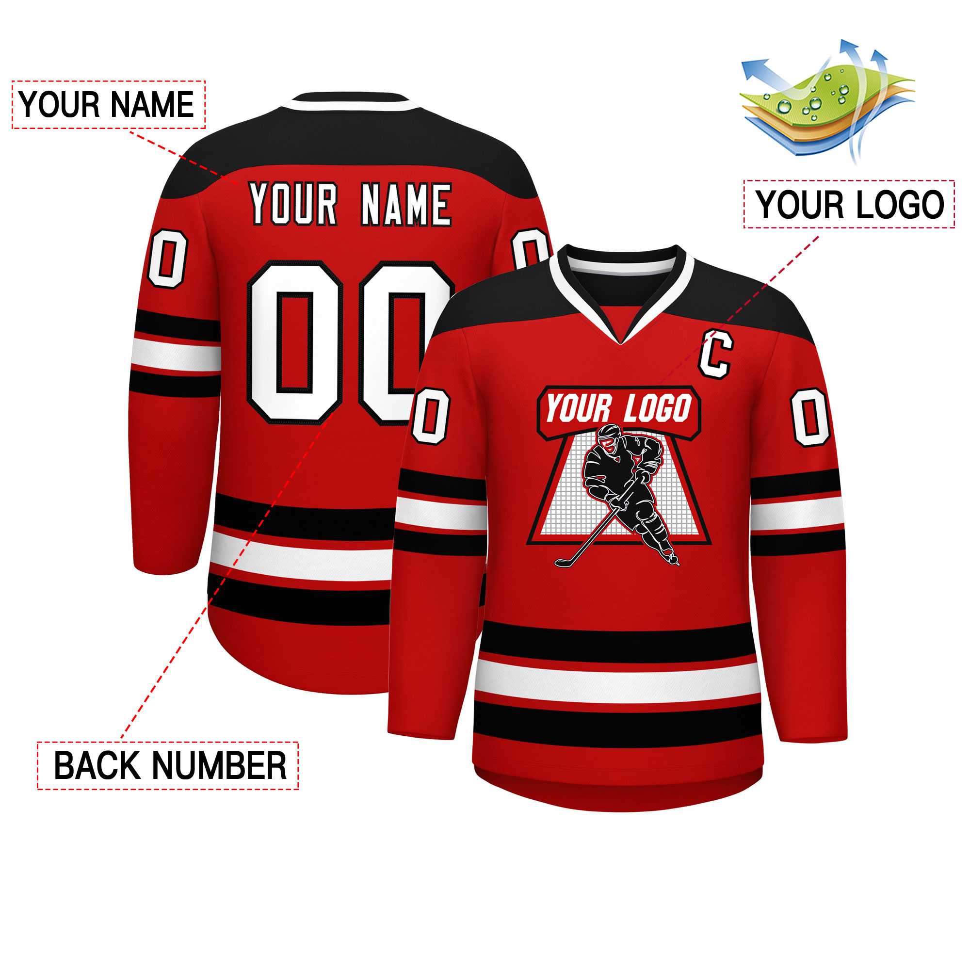 Custom Red Black-White Personalized Classic V-Neck Hockey Jersey