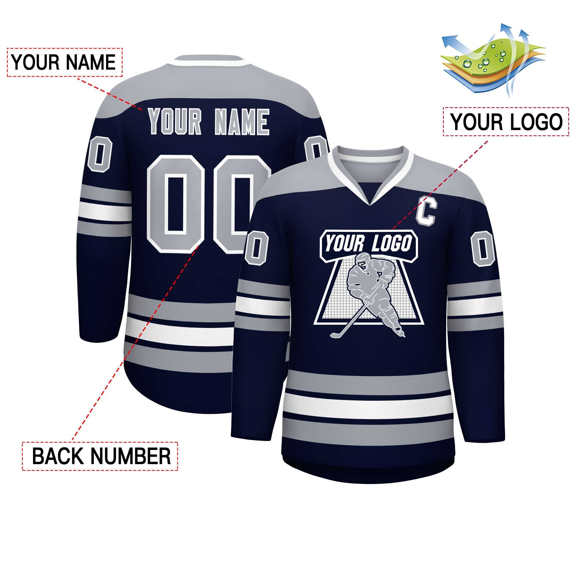 Custom Navy Gray-White Personalized Classic V-Neck Hockey Jersey