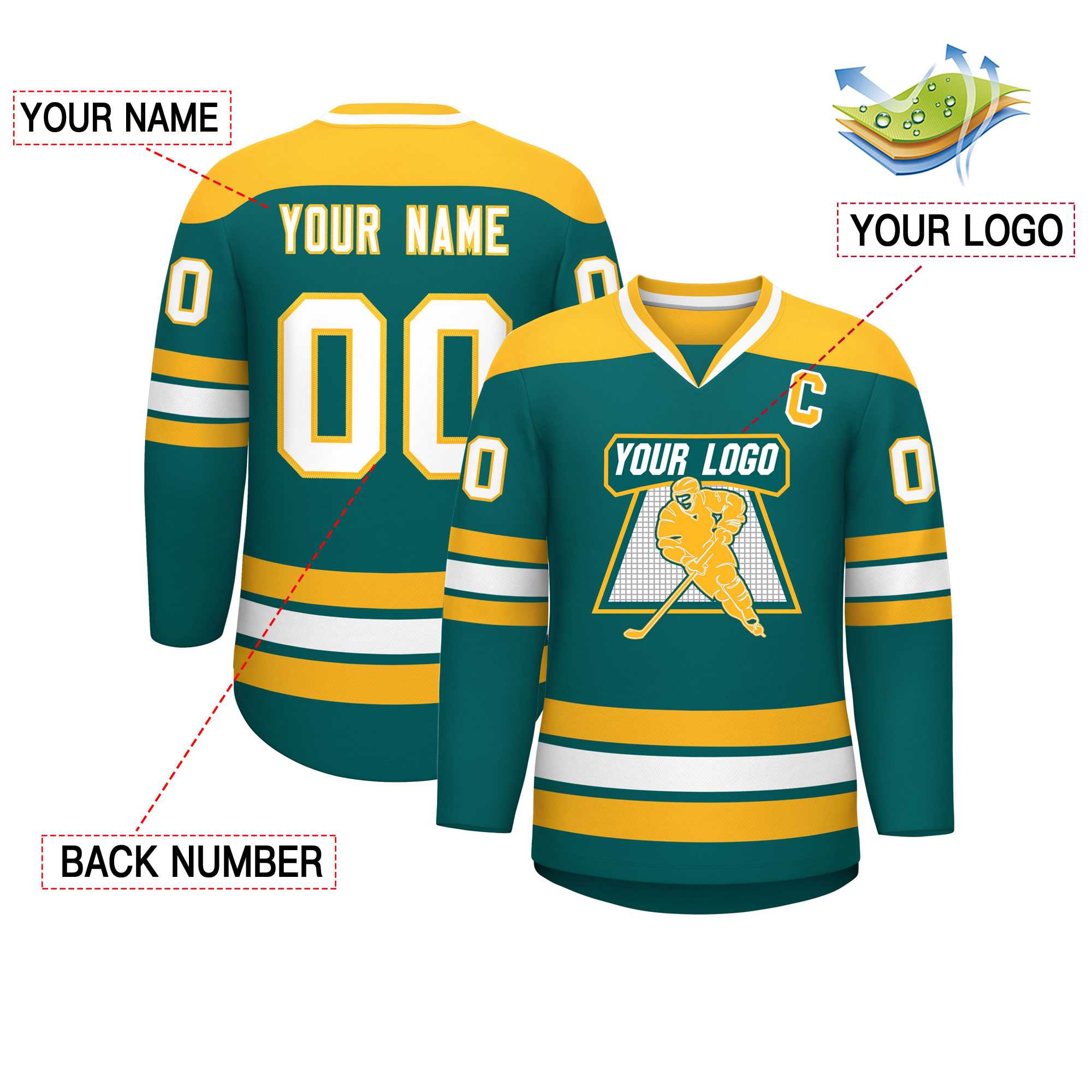 Custom Aqua Gold-White Personalized Classic V-Neck Hockey Jersey