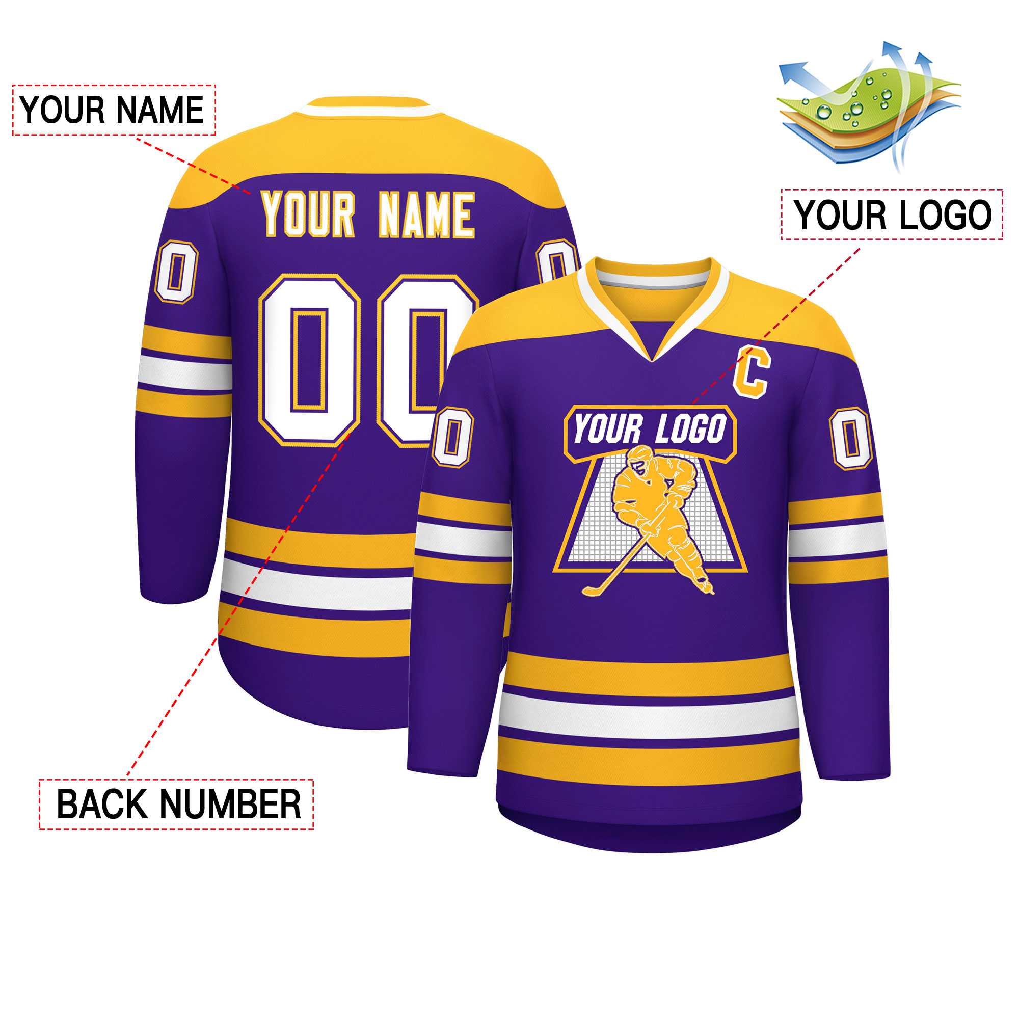 Custom Purple Gold-White Personalized Classic V-Neck Hockey Jersey