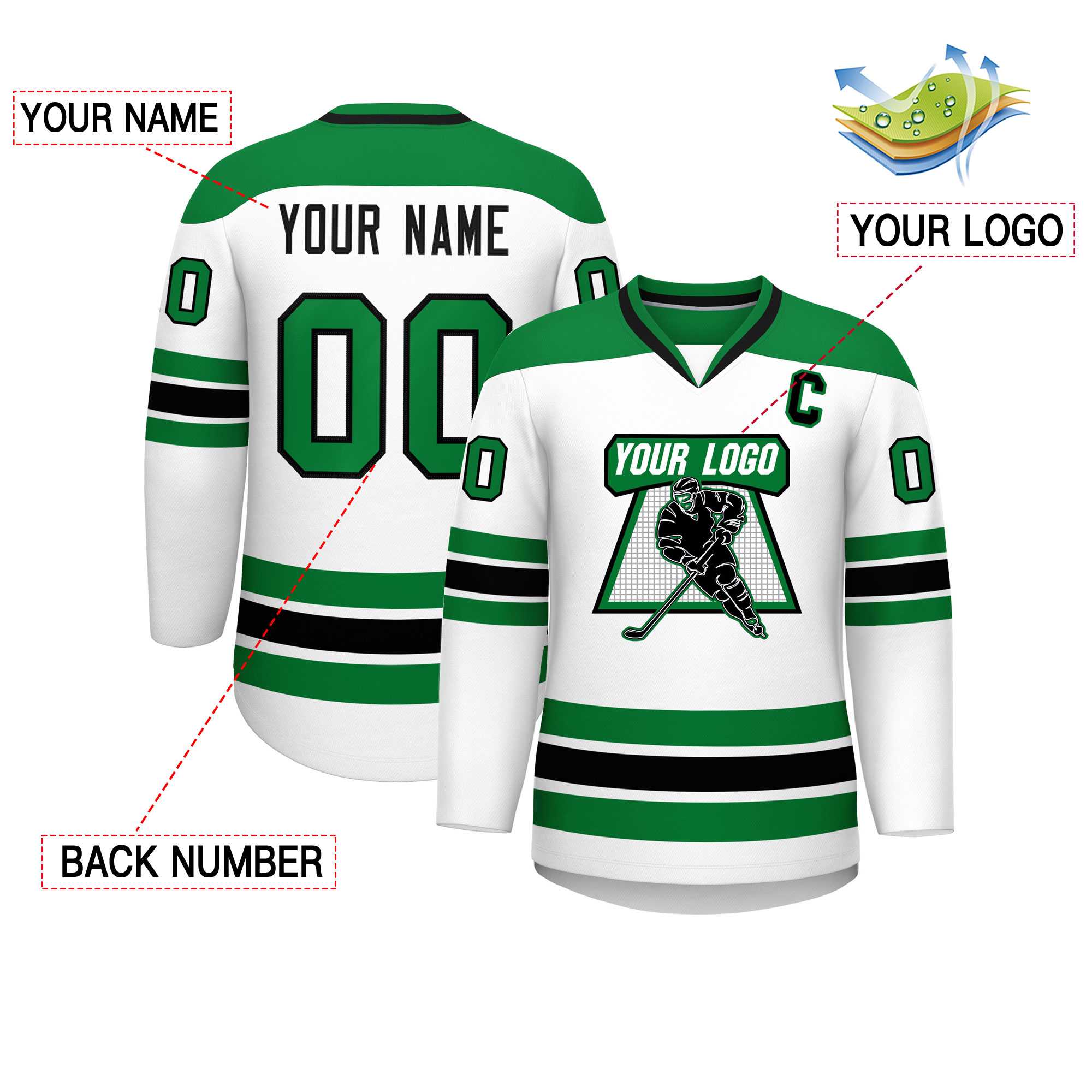 Custom White Kelly Green-Black Personalized Classic V-Neck Hockey Jersey