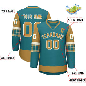 Custom Aqua Old Gold-Old Gold Personalized Raglan Sleeves V-Neck Hockey Jersey