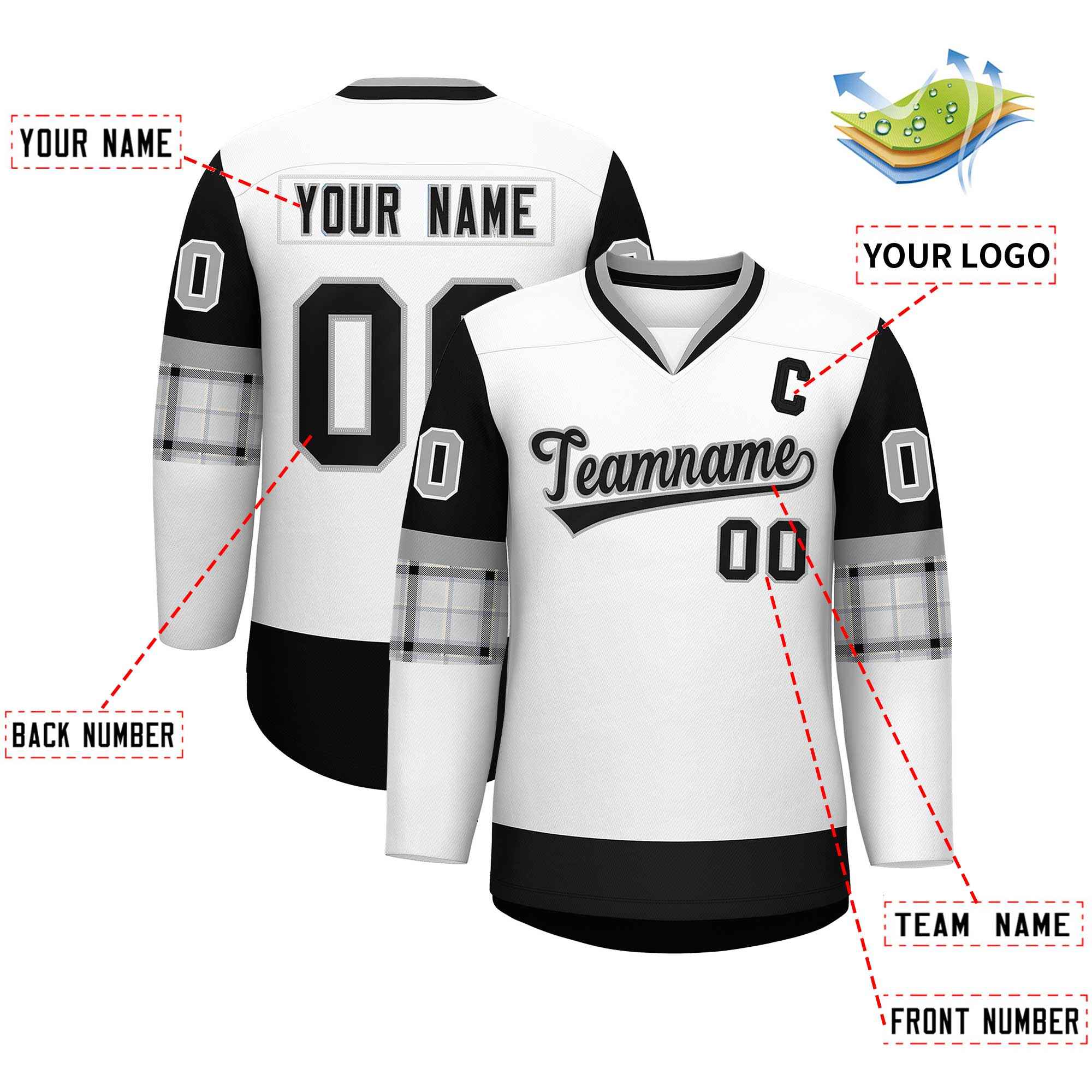 Custom White Black-Black Personalized Raglan Sleeves V-Neck Hockey Jersey