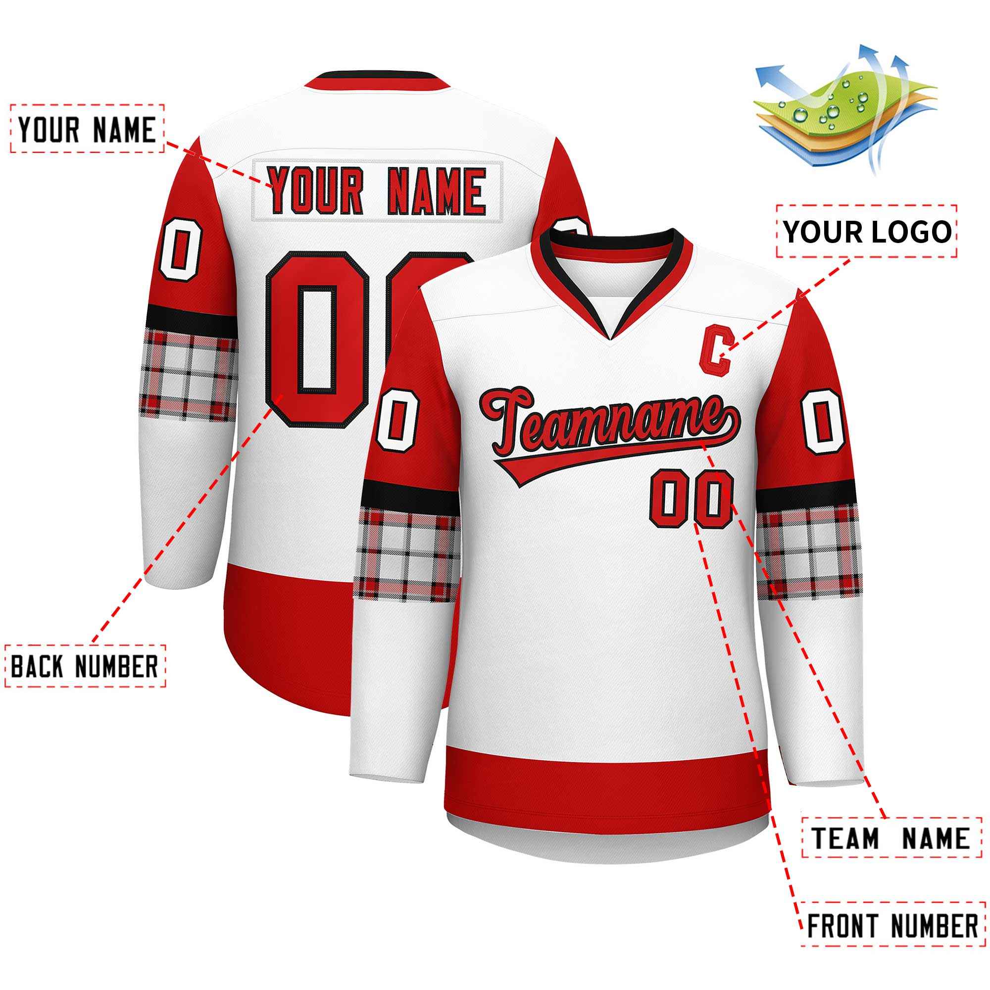 Custom White Red-Red Personalized Raglan Sleeves V-Neck Hockey Jersey