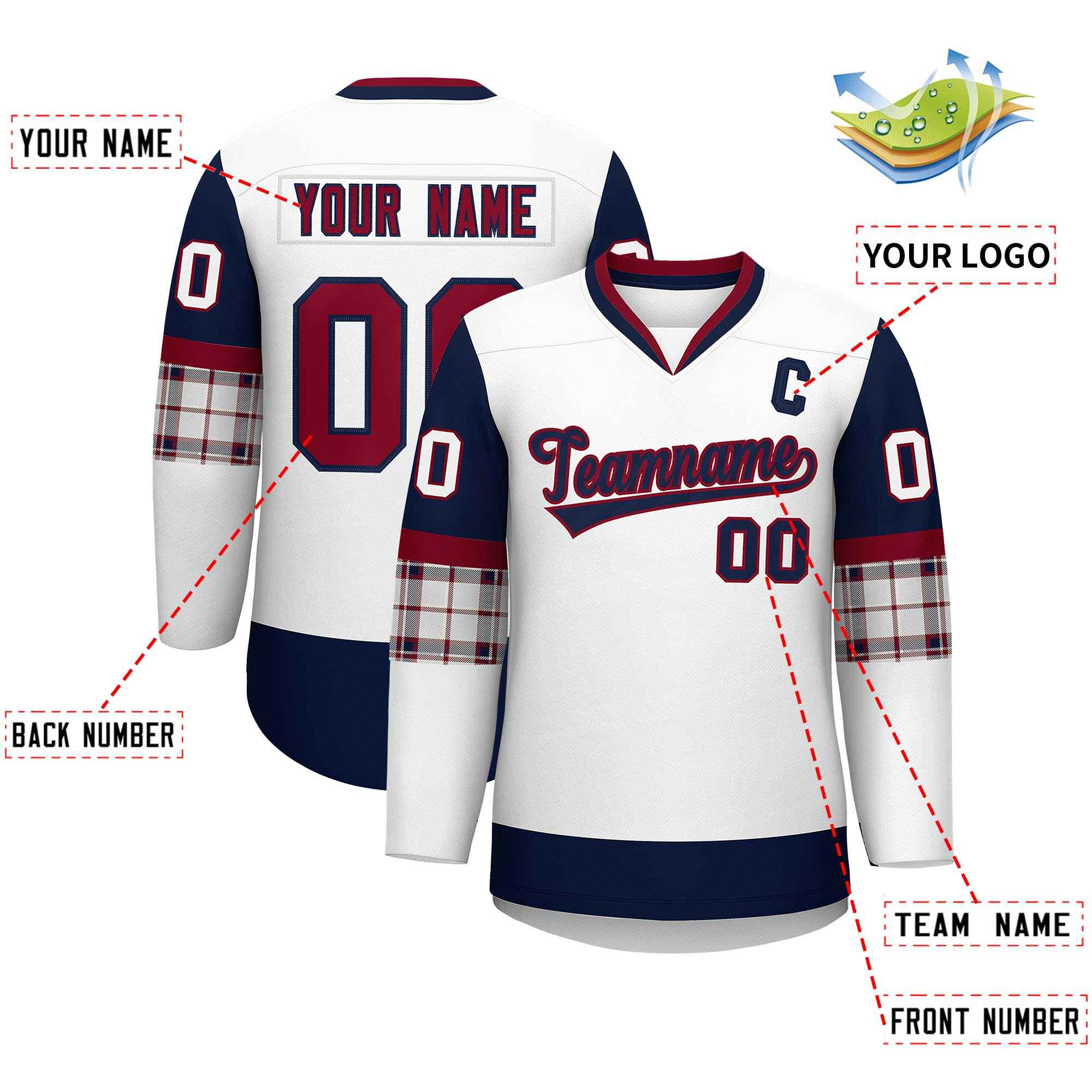 Custom White Navy-Crimson Personalized Raglan Sleeves V-Neck Hockey Jersey