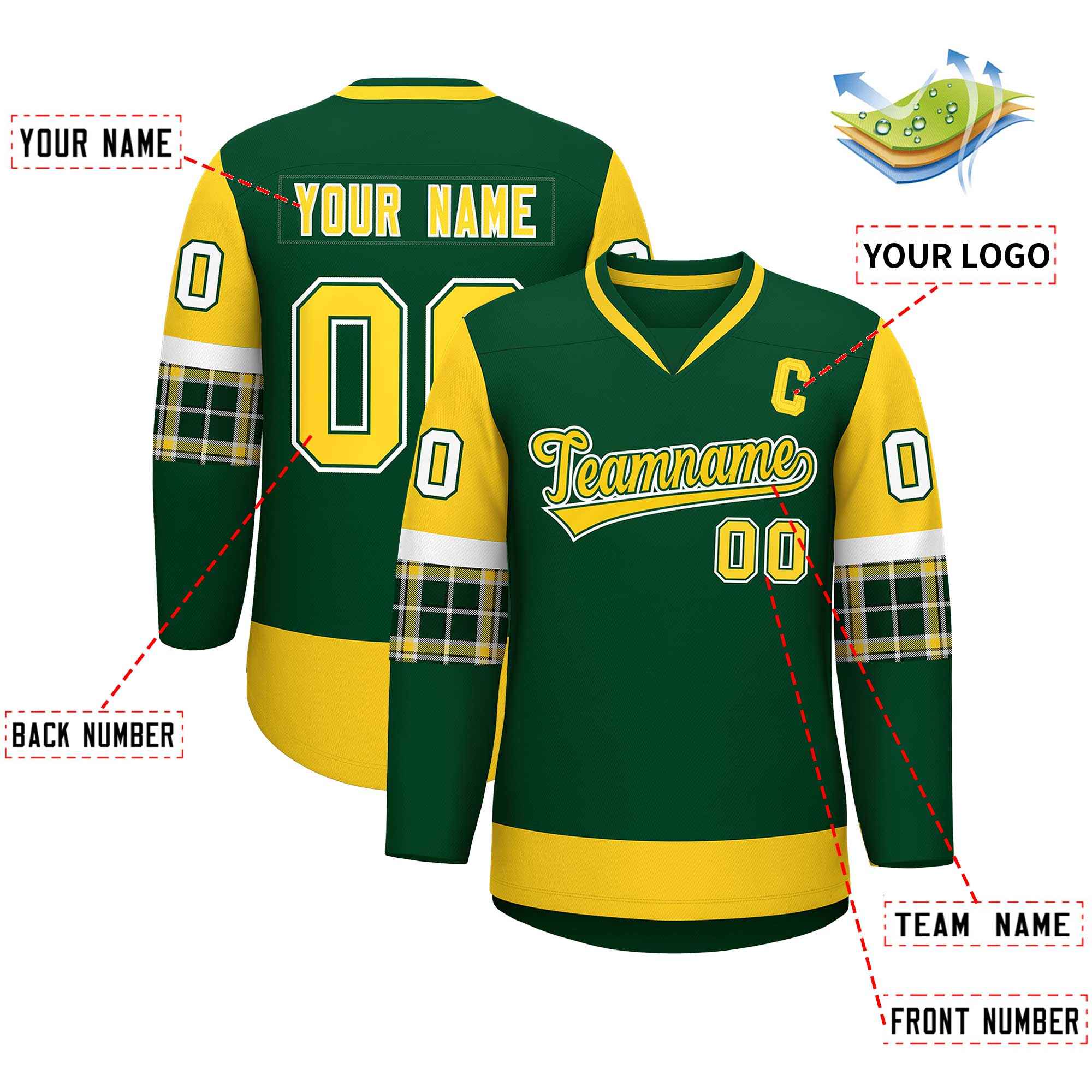 Custom Green Gold-Gold Personalized Raglan Sleeves V-Neck Hockey Jersey