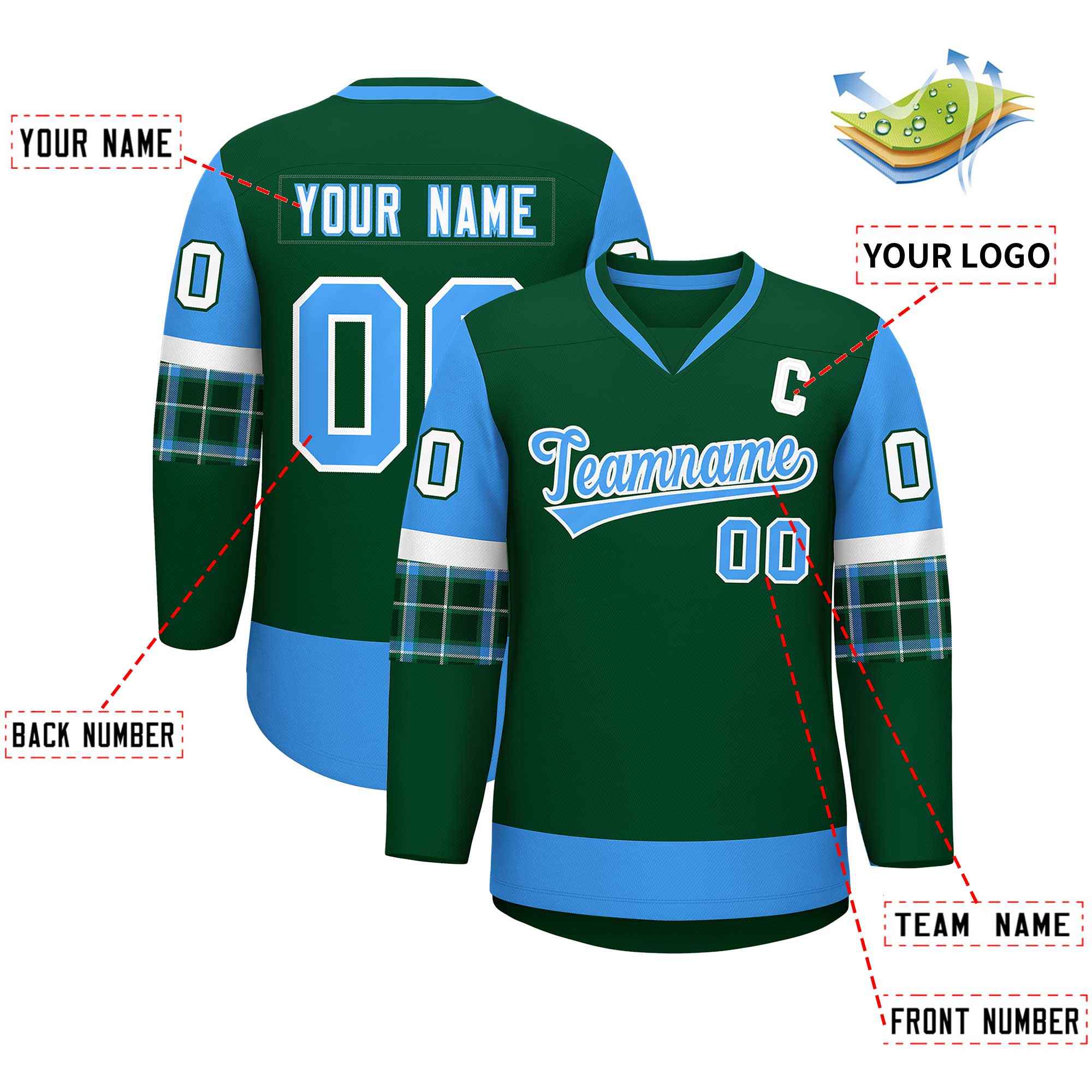 Custom Green Powder Blue-Powder Blue Personalized Raglan Sleeves V-Neck Hockey Jersey