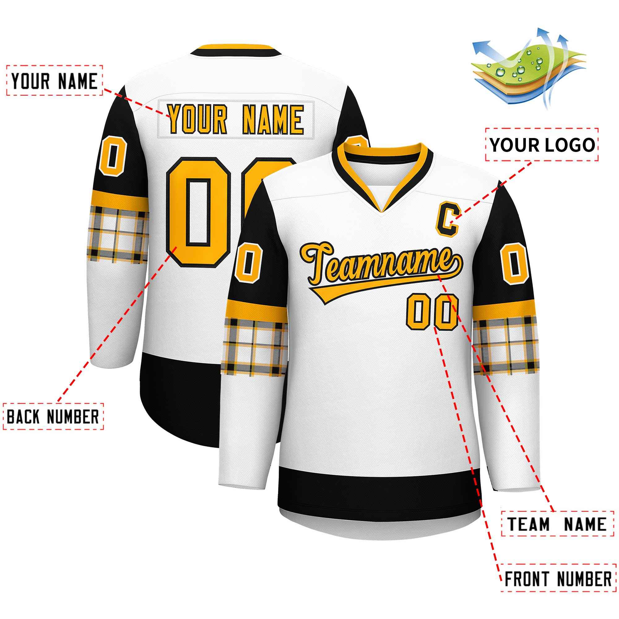 Custom White Black-Yellow Personalized Raglan Sleeves V-Neck Hockey Jersey