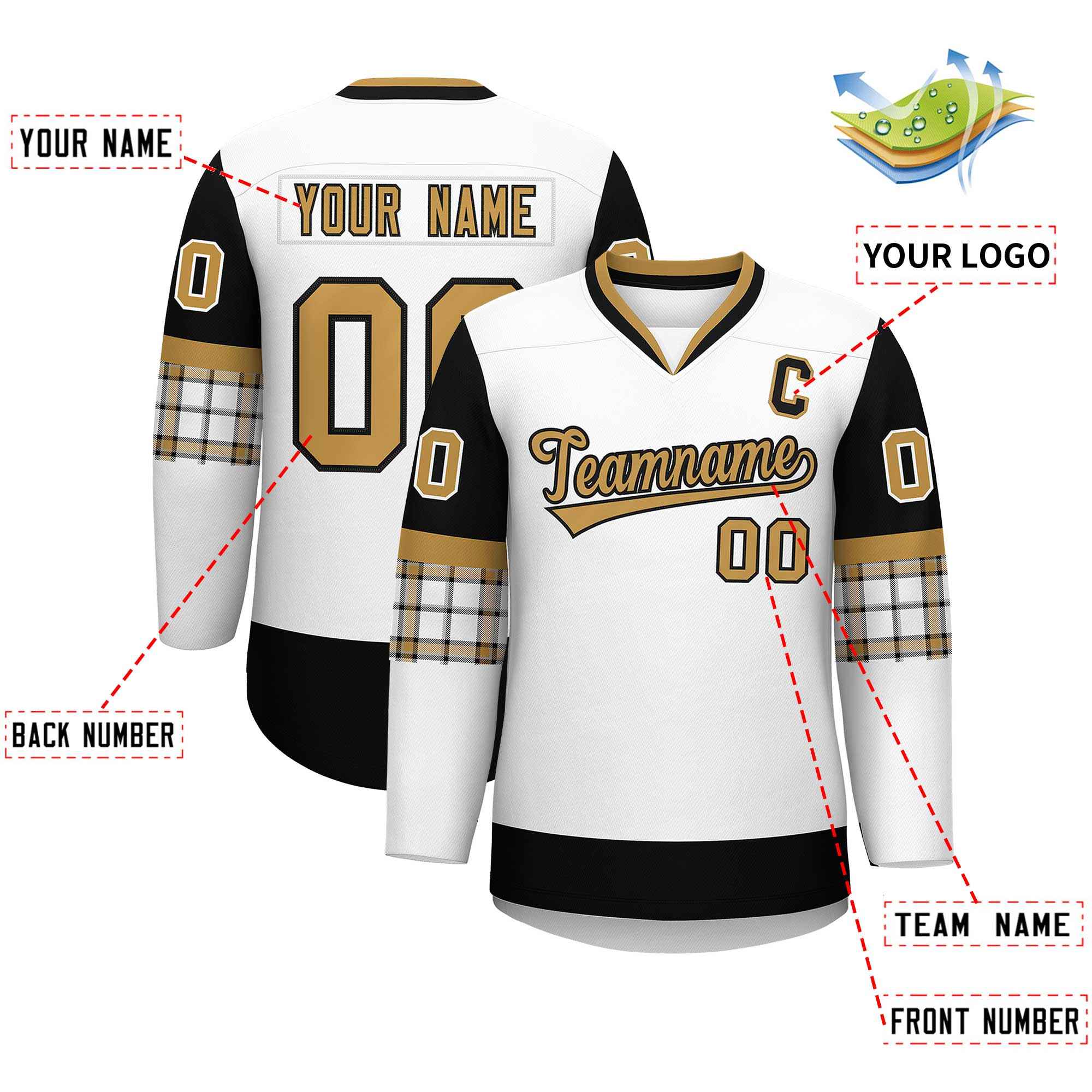 Custom White Black-Old Gold Personalized Raglan Sleeves V-Neck Hockey Jersey