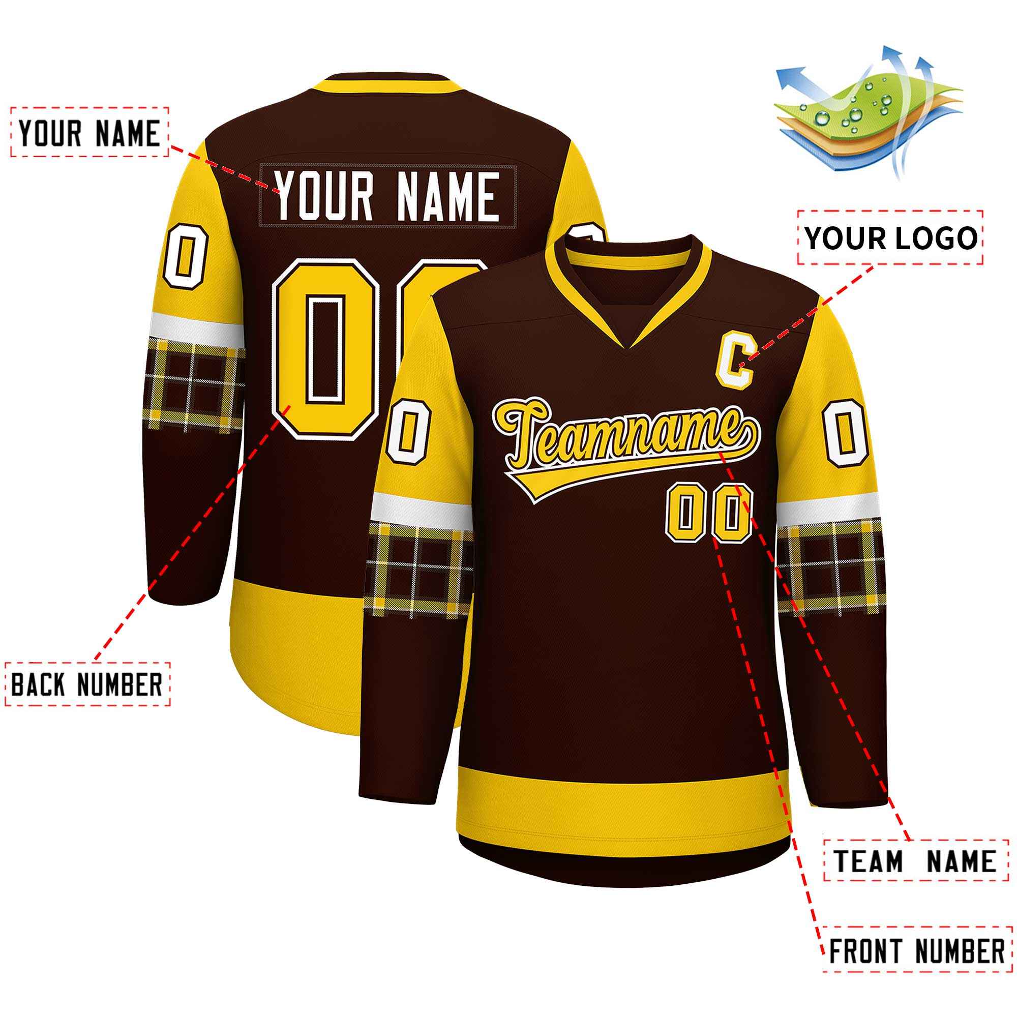 Custom Brown Gold-Gold Personalized Raglan Sleeves V-Neck Hockey Jersey