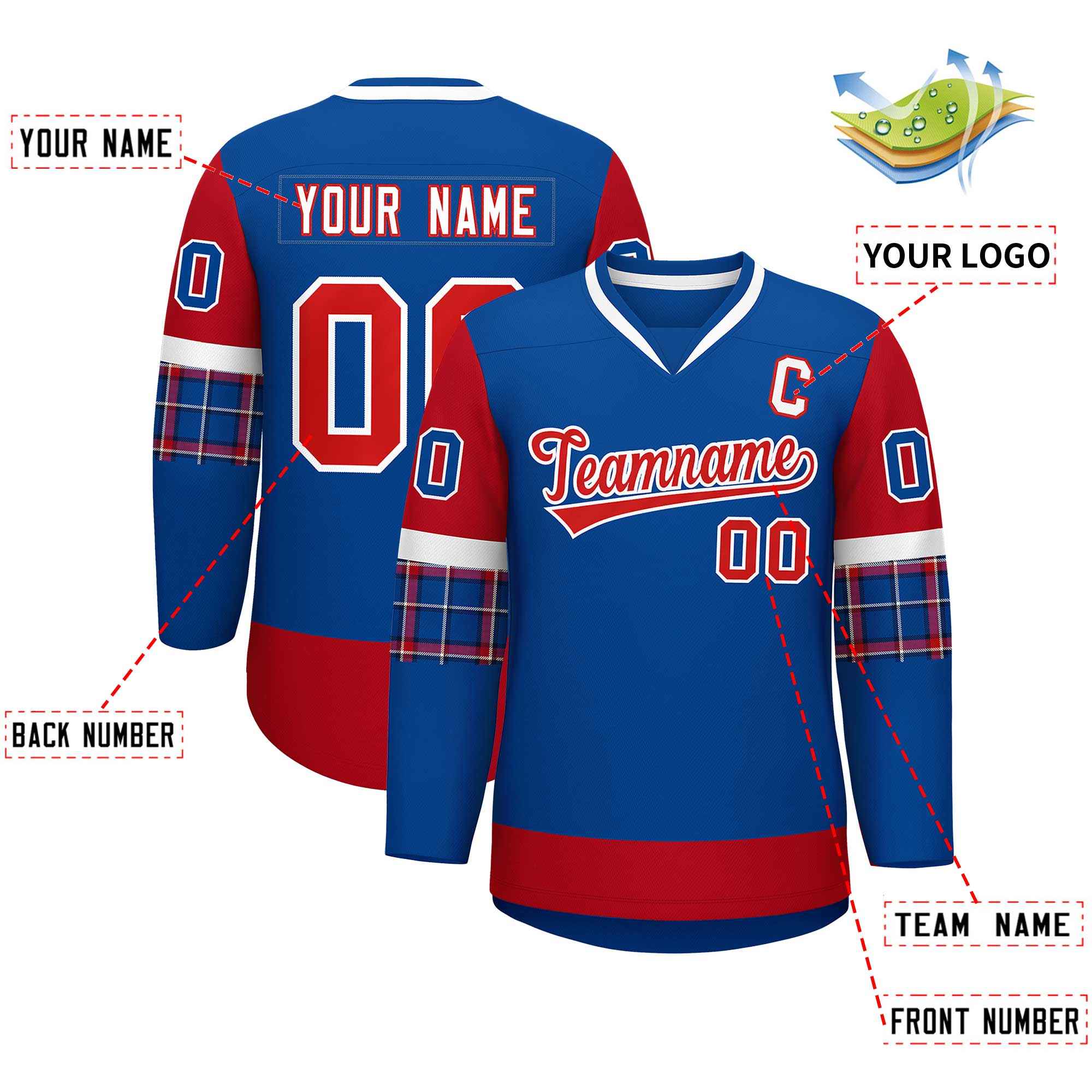 Custom Royal Red-Red Personalized Raglan Sleeves V-Neck Hockey Jersey