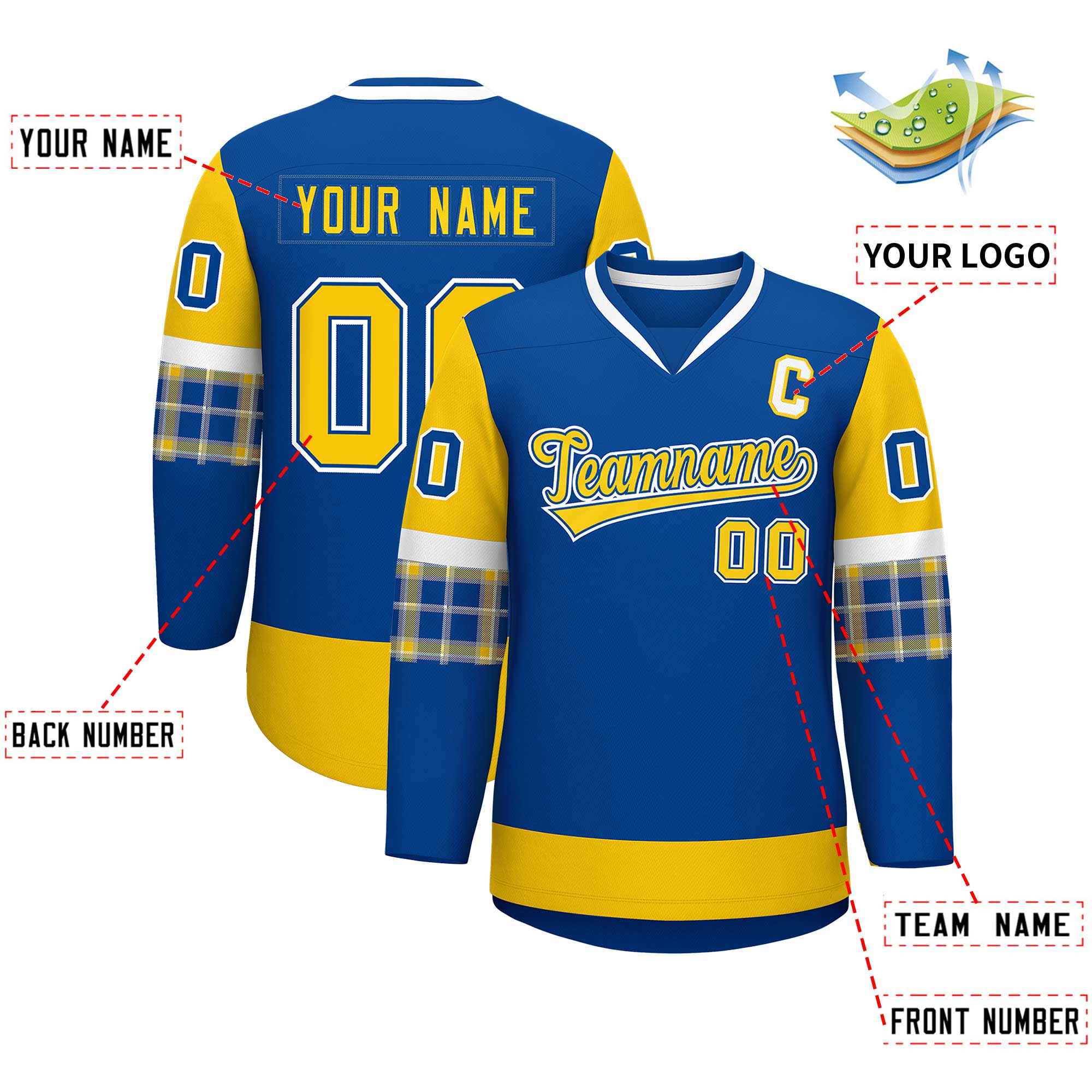 Custom Royal Gold-Gold Personalized Raglan Sleeves V-Neck Hockey Jersey