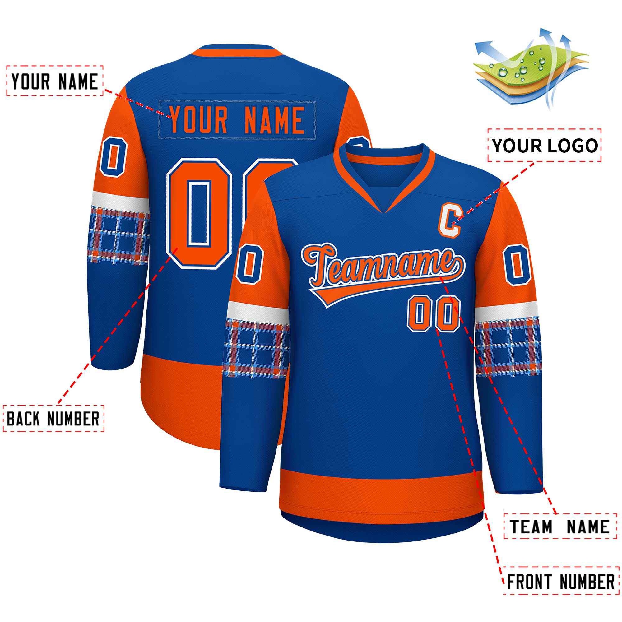 Custom Royal Orange-Orange Personalized Raglan Sleeves V-Neck Hockey Jersey