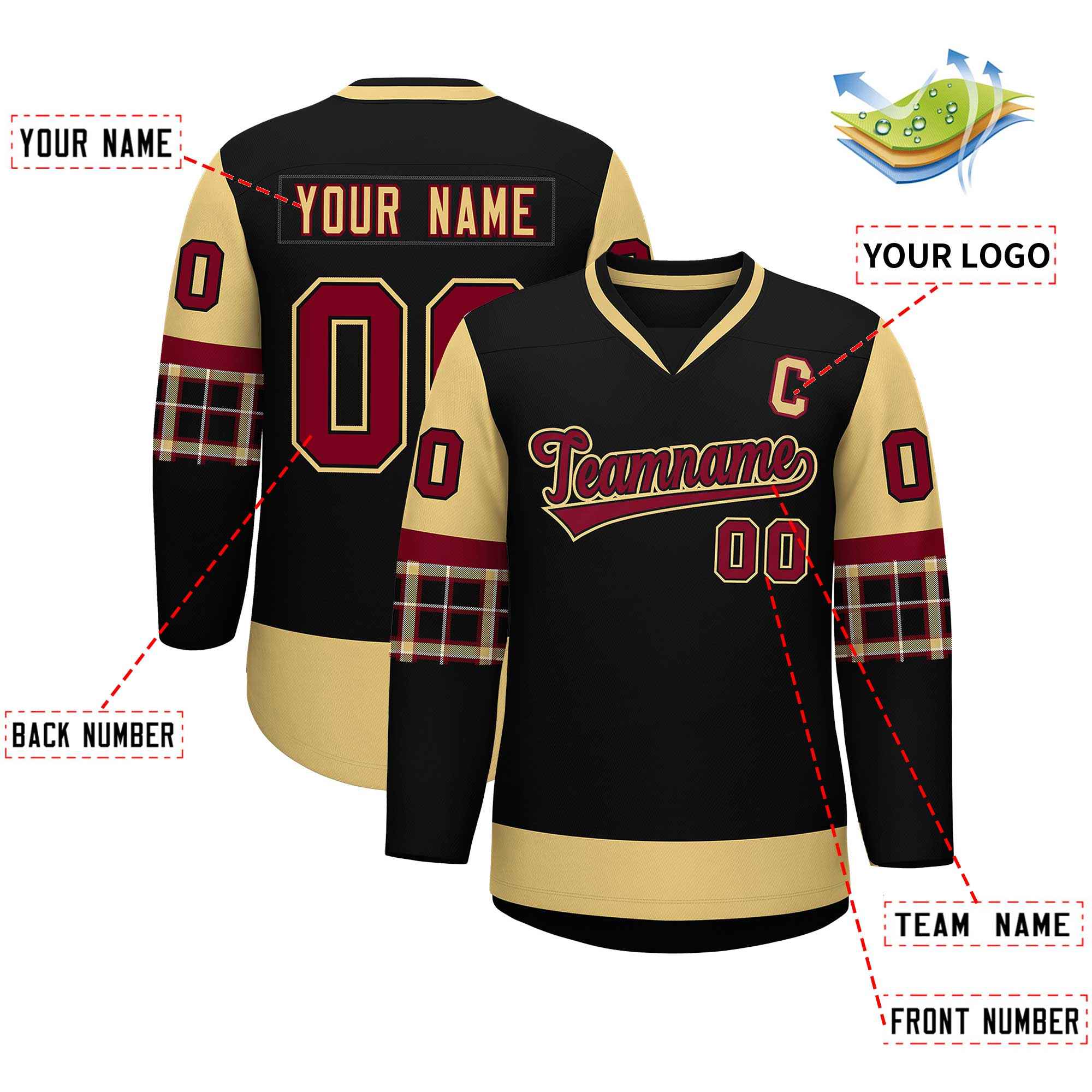 Custom Black Khaki-Crimson Personalized Raglan Sleeves V-Neck Hockey Jersey