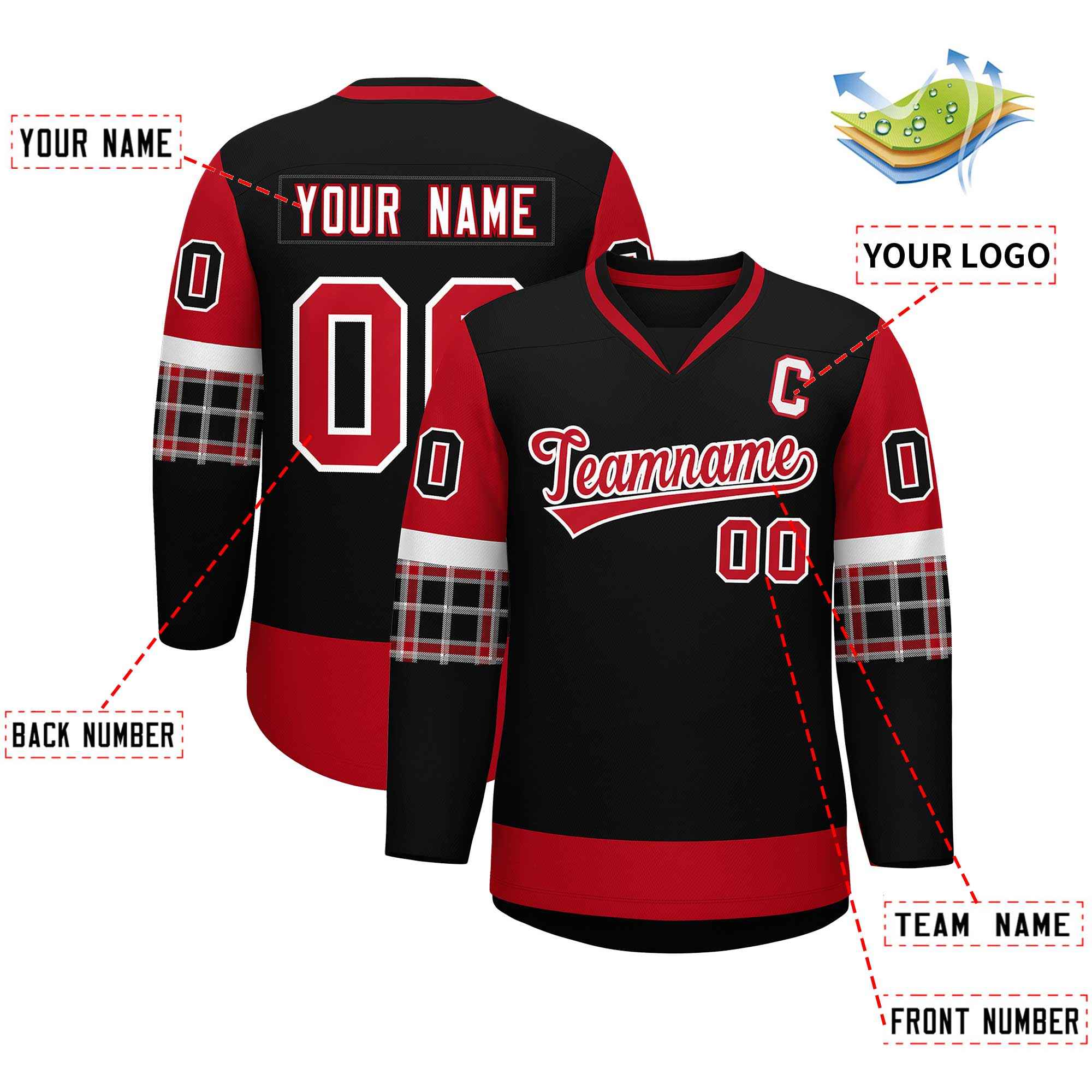 Custom Black Red-Red Personalized Raglan Sleeves V-Neck Hockey Jersey