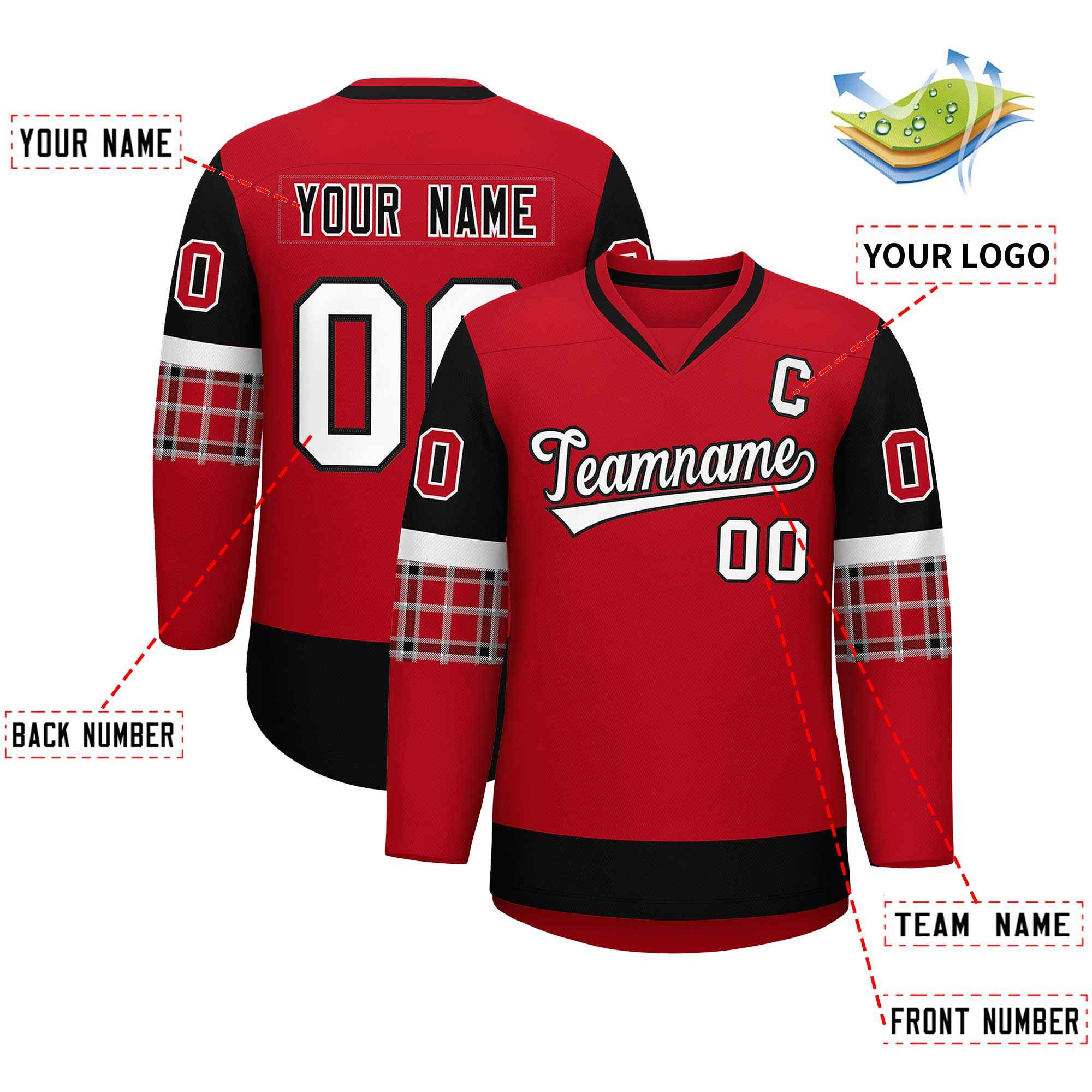 Custom Red Black-White Personalized Raglan Sleeves V-Neck Hockey Jersey