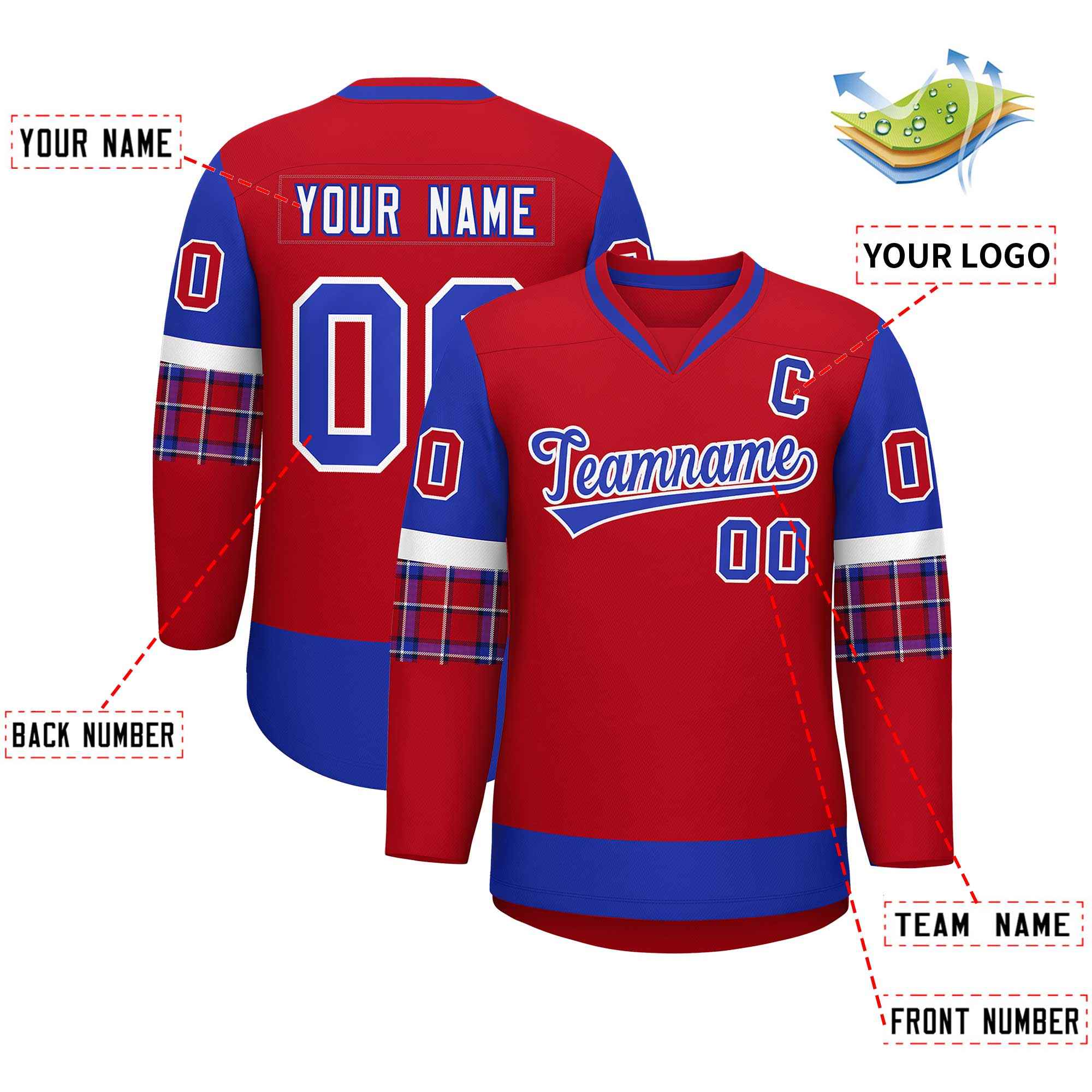 Custom Red Royal-Royal Personalized Raglan Sleeves V-Neck Hockey Jersey