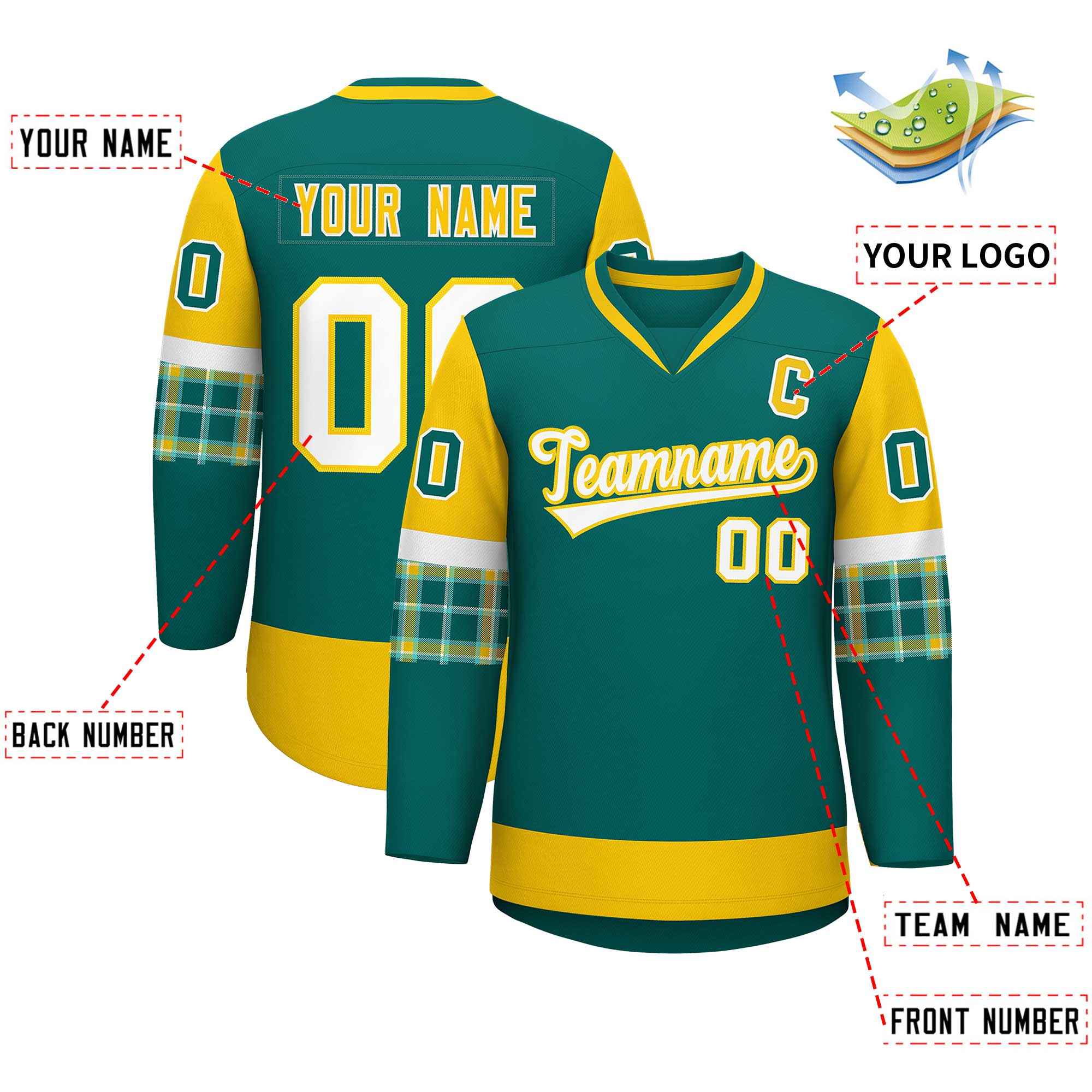 Custom Aqua Gold-White Personalized Raglan Sleeves V-Neck Hockey Jersey