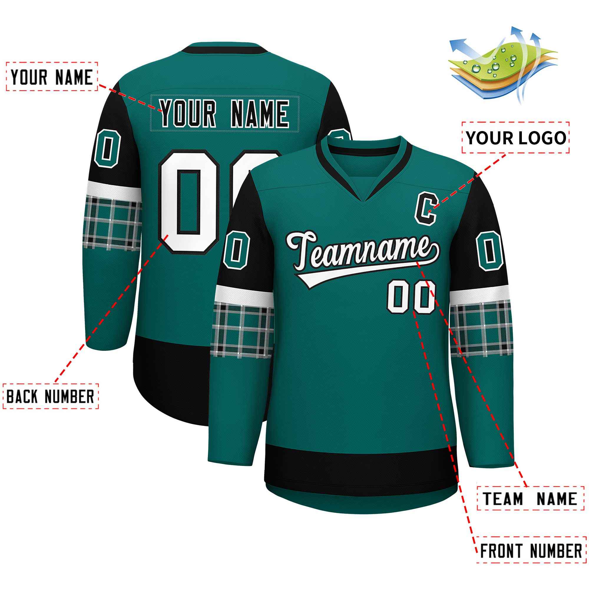 Custom Aqua Black-White Personalized Raglan Sleeves V-Neck Hockey Jersey