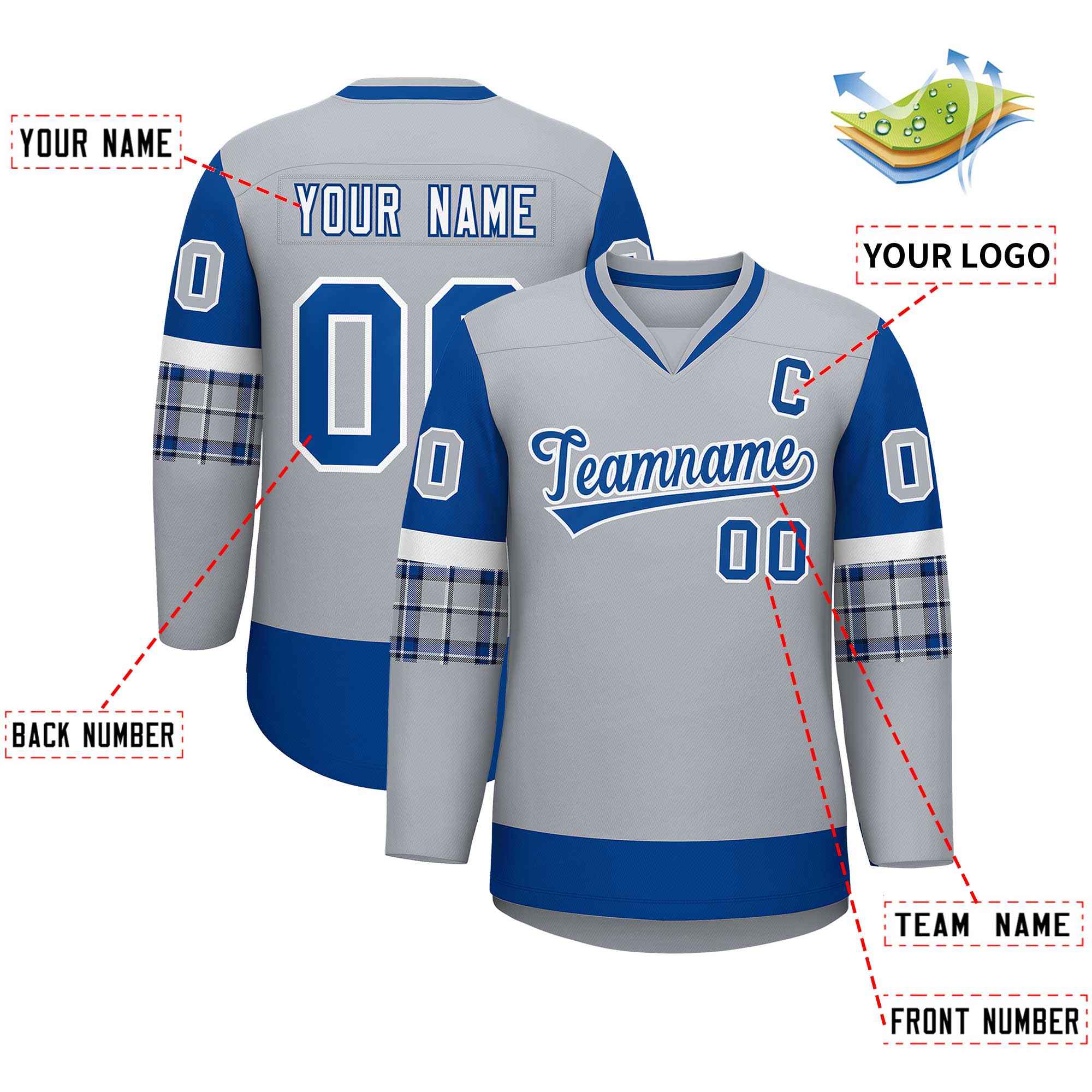 Custom Gray Royal-Royal Personalized Raglan Sleeves V-Neck Hockey Jersey