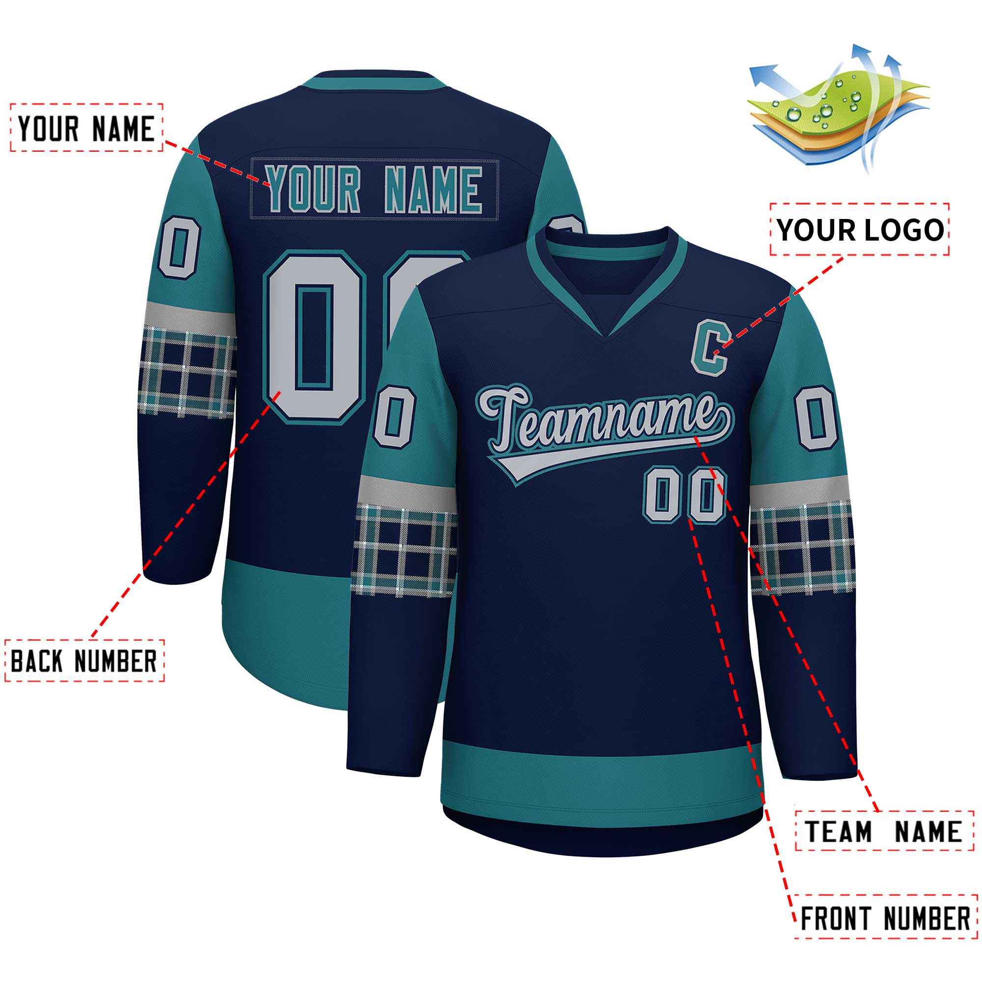 Custom Navy Aqua-Gray Personalized Raglan Sleeves V-Neck Hockey Jersey