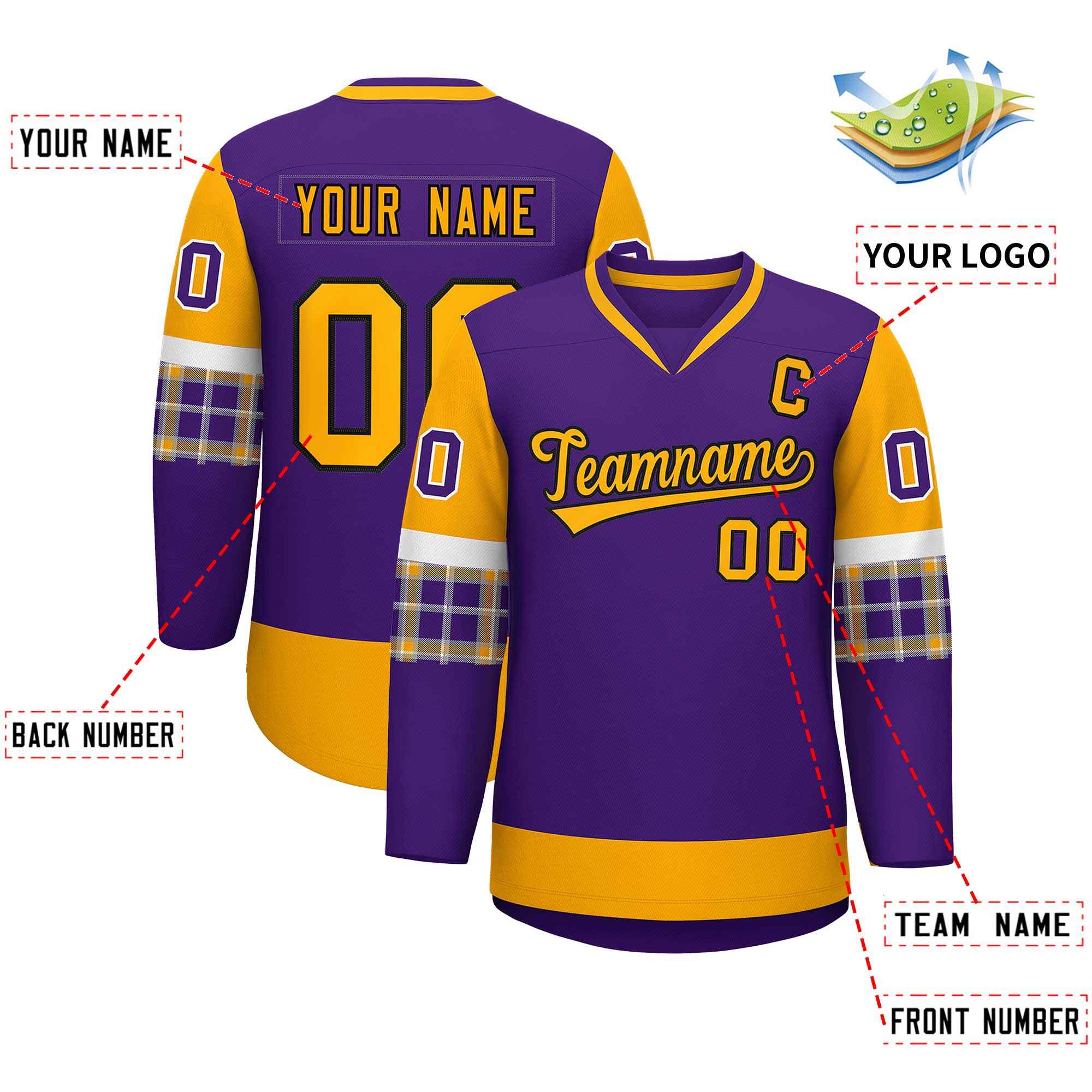 Custom Purple Yellow-Yellow Personalized Raglan Sleeves V-Neck Hockey Jersey