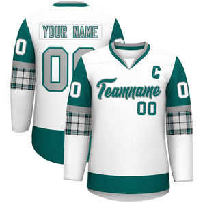 Custom White Aqua-Gray Personalized Raglan Sleeves V-Neck Hockey Jersey