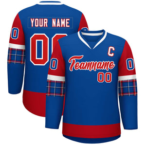 Custom Royal Red-Red Personalized Raglan Sleeves V-Neck Hockey Jersey