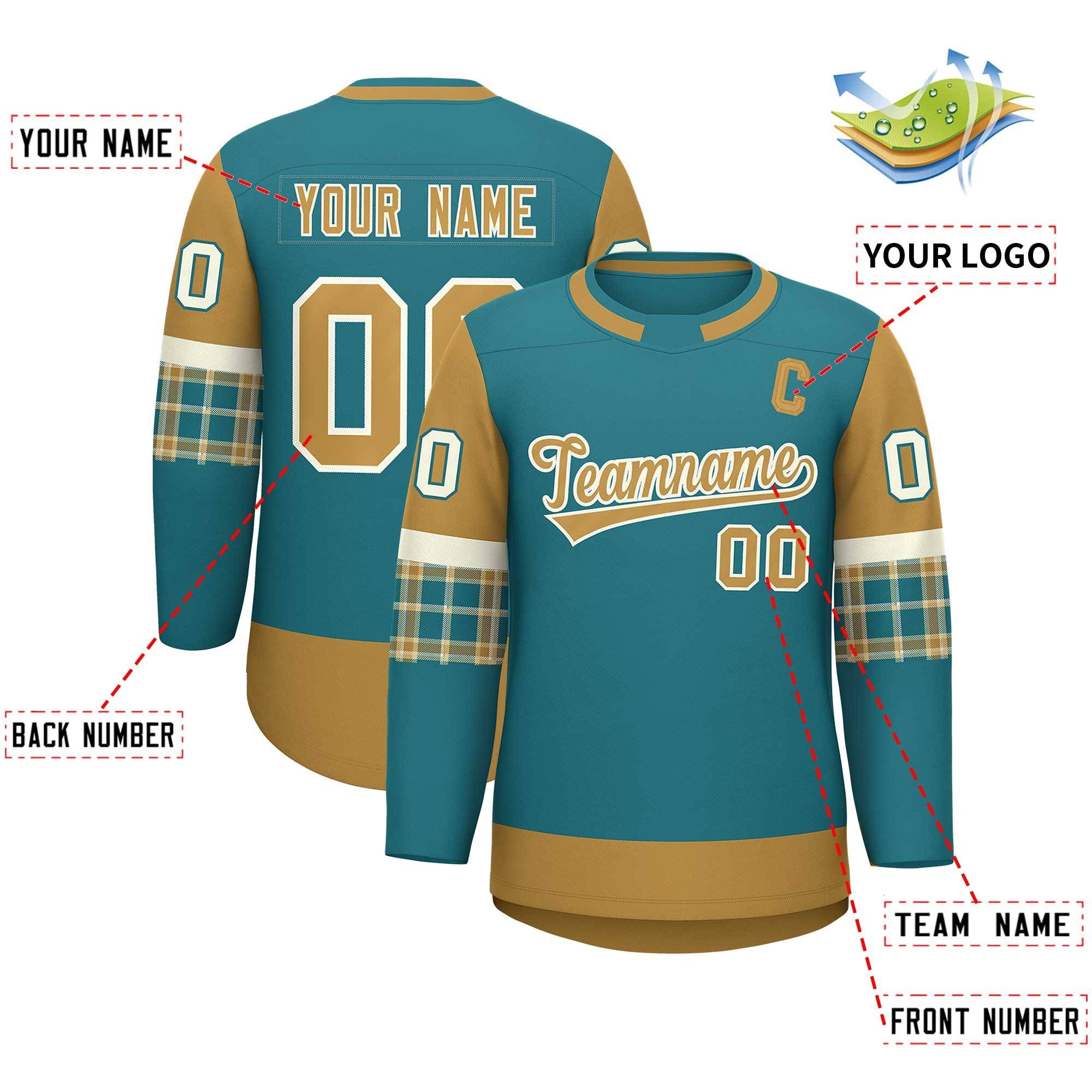 Custom Aqua Old Gold Personalized Raglan Sleeves Round-Neck Hockey Jersey