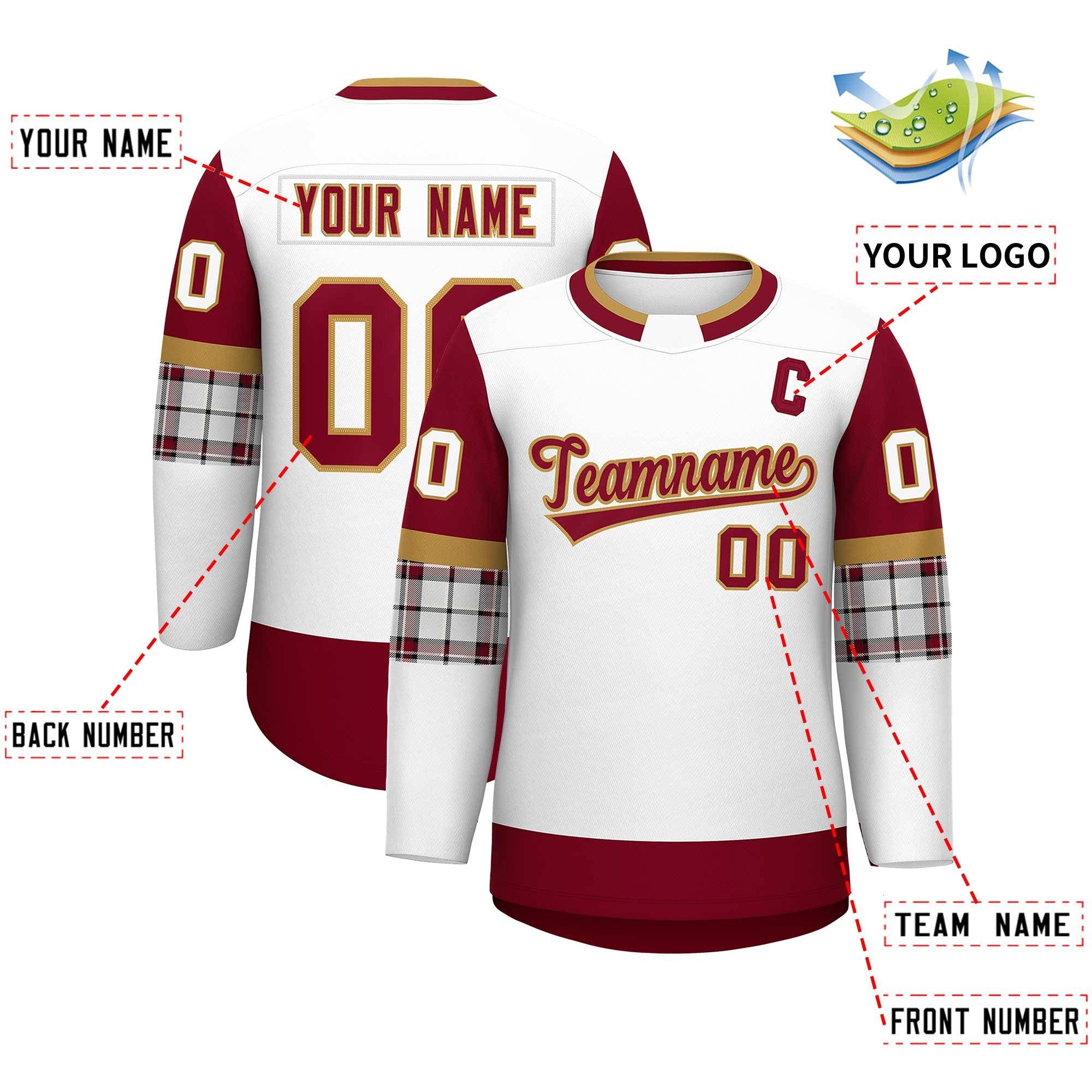 Custom White Crimson Personalized Raglan Sleeves Round-Neck Hockey Jersey