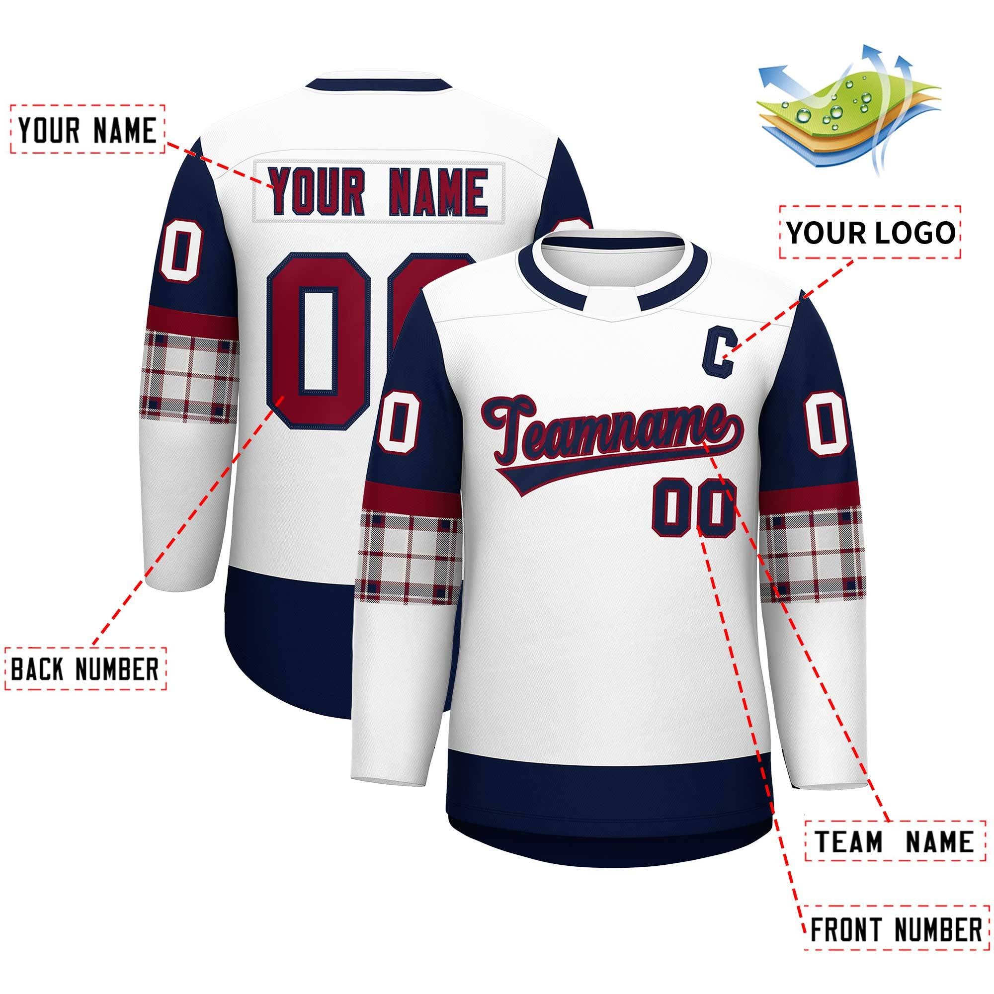 Custom White Navy Personalized Raglan Sleeves Round-Neck Hockey Jersey