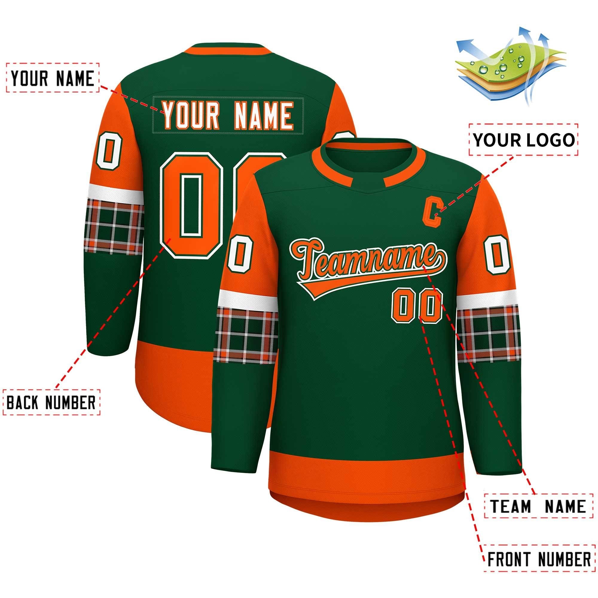 Custom Green Orange Personalized Raglan Sleeves Round-Neck Hockey Jersey