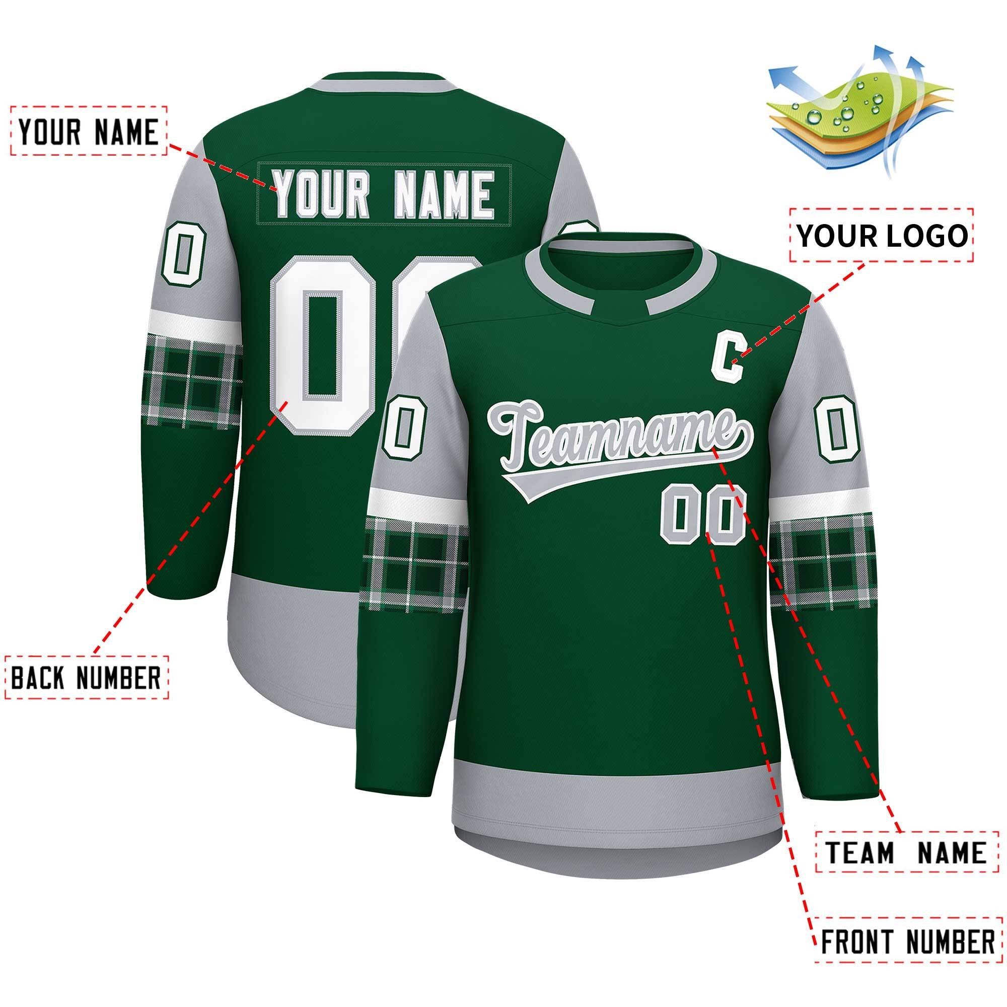 Custom Green Gray Personalized Raglan Sleeves Round-Neck Hockey Jersey