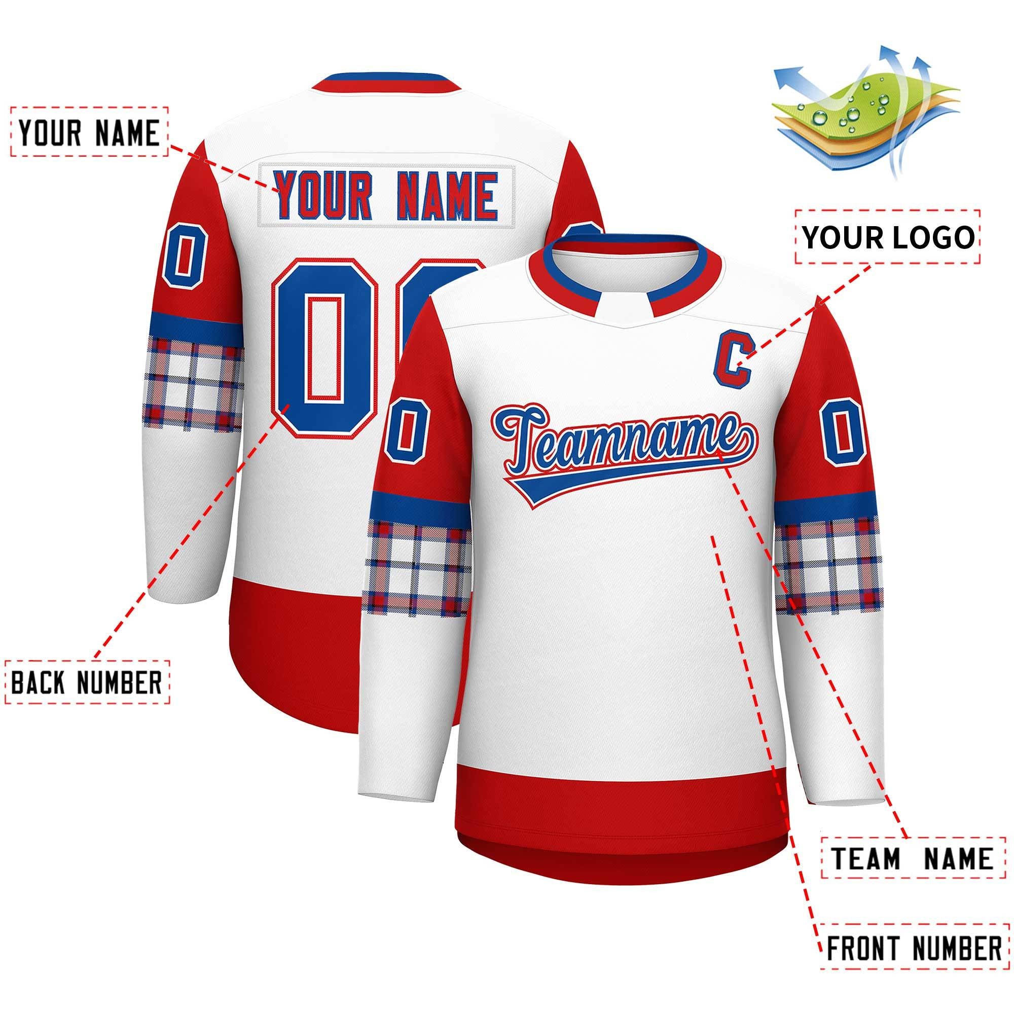 Custom White Red Personalized Raglan Sleeves Round-Neck Hockey Jersey