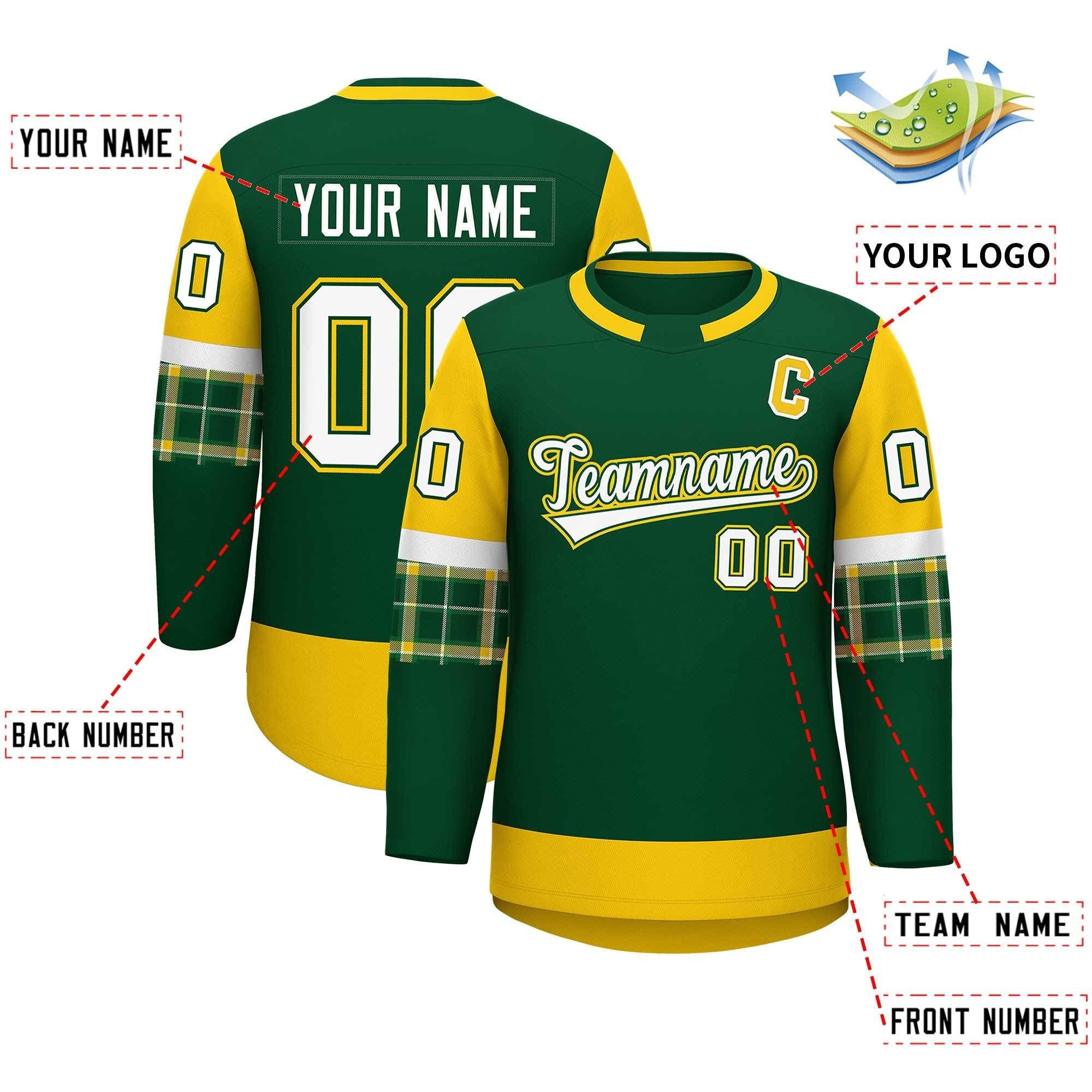 Custom Green Gold Personalized Raglan Sleeves Round-Neck Hockey Jersey