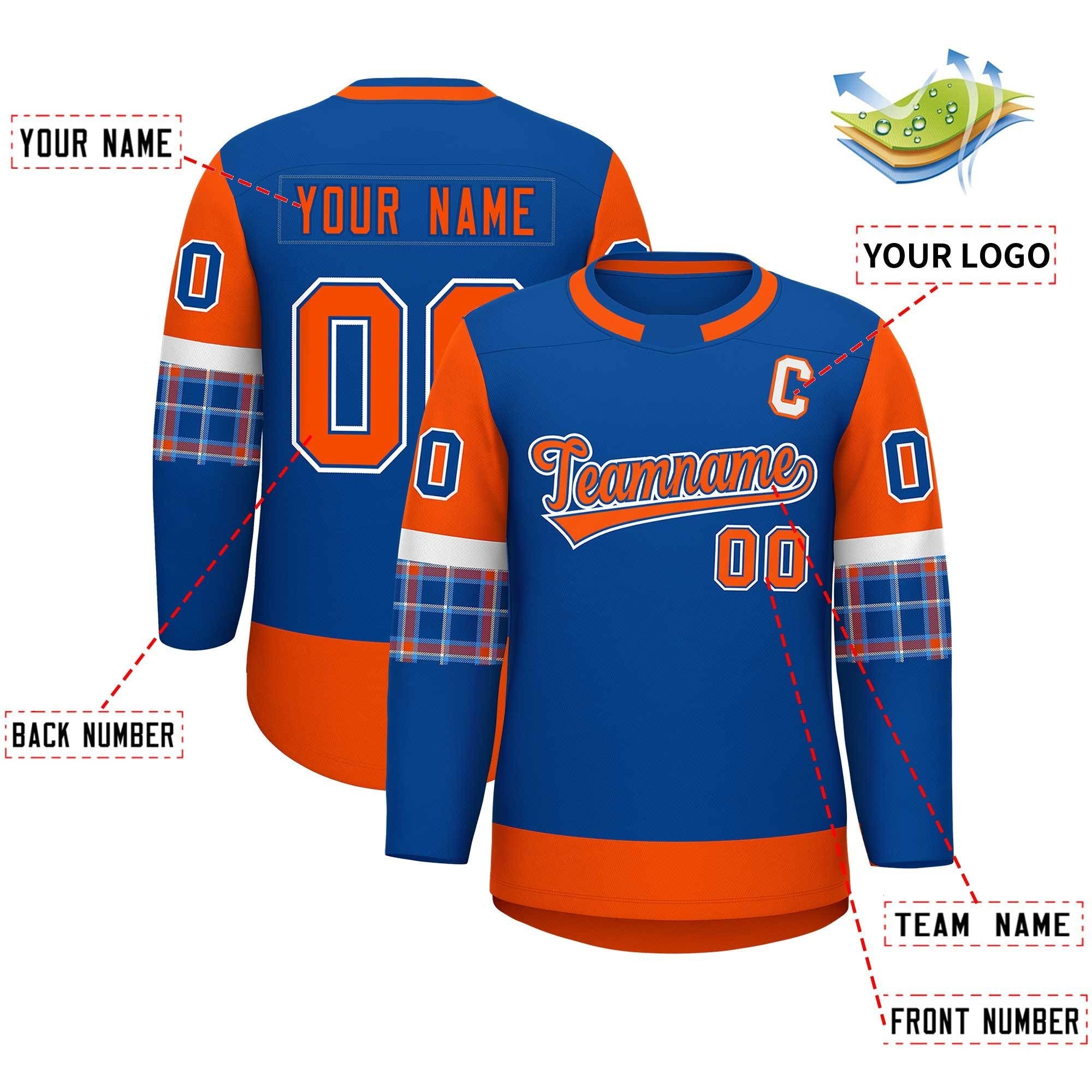 Custom Royal Orange Personalized Raglan Sleeves Round-Neck Hockey Jersey