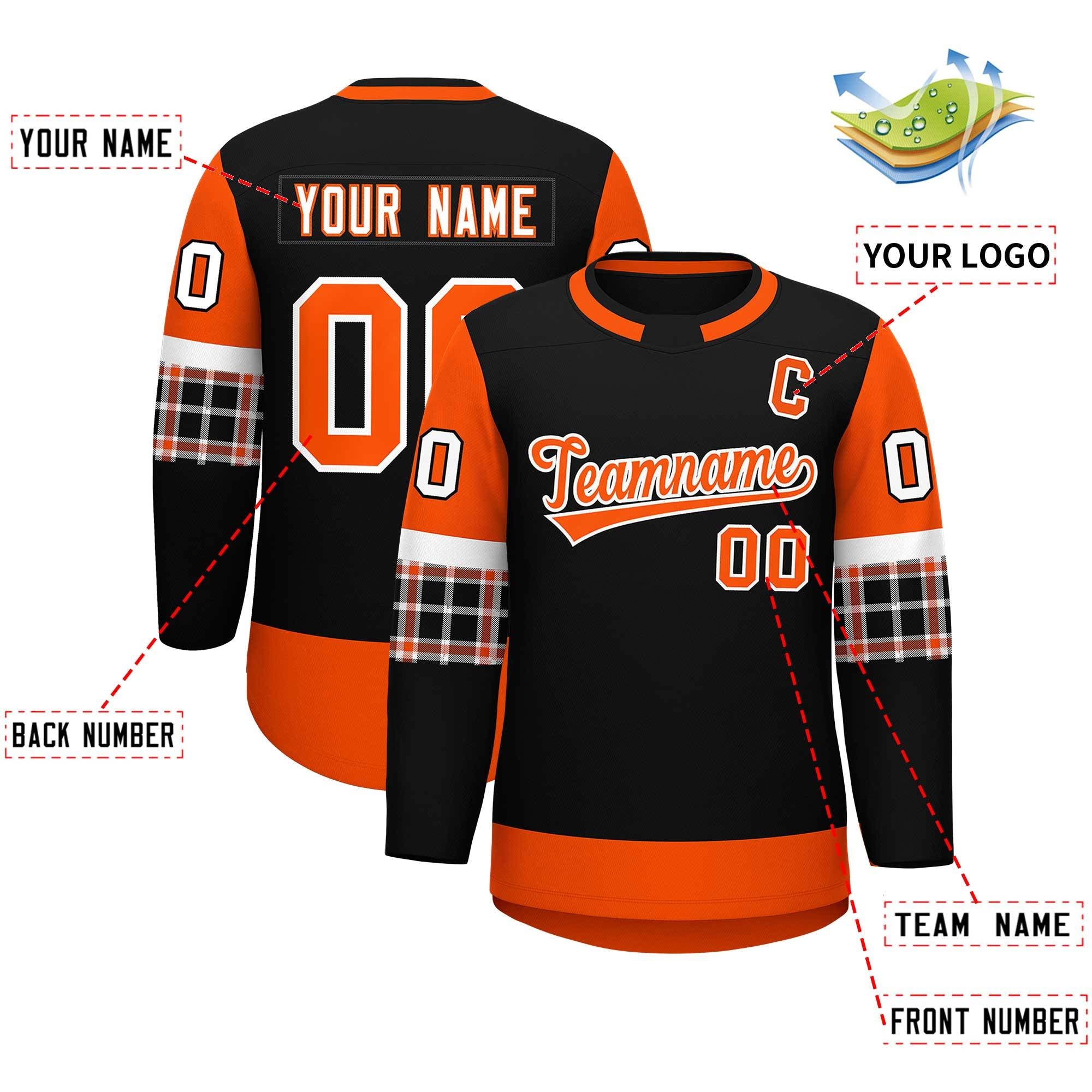 Custom Black Orange Personalized Raglan Sleeves Round-Neck Hockey Jersey