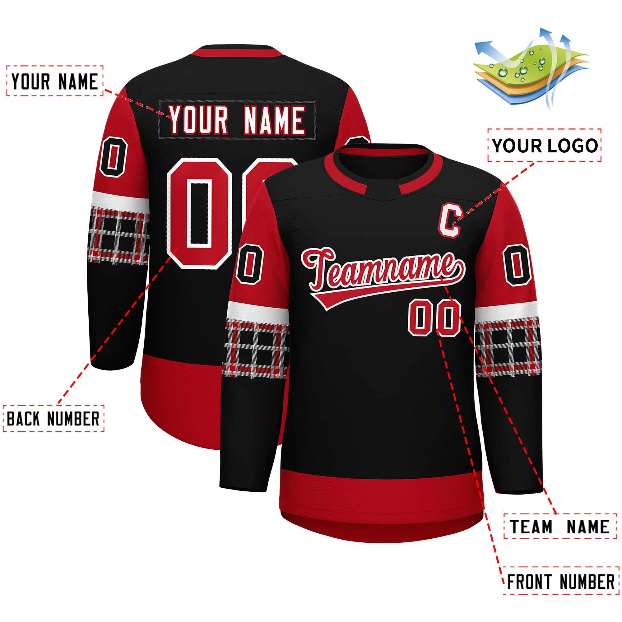 Custom Black Red Personalized Raglan Sleeves Round-Neck Hockey Jersey