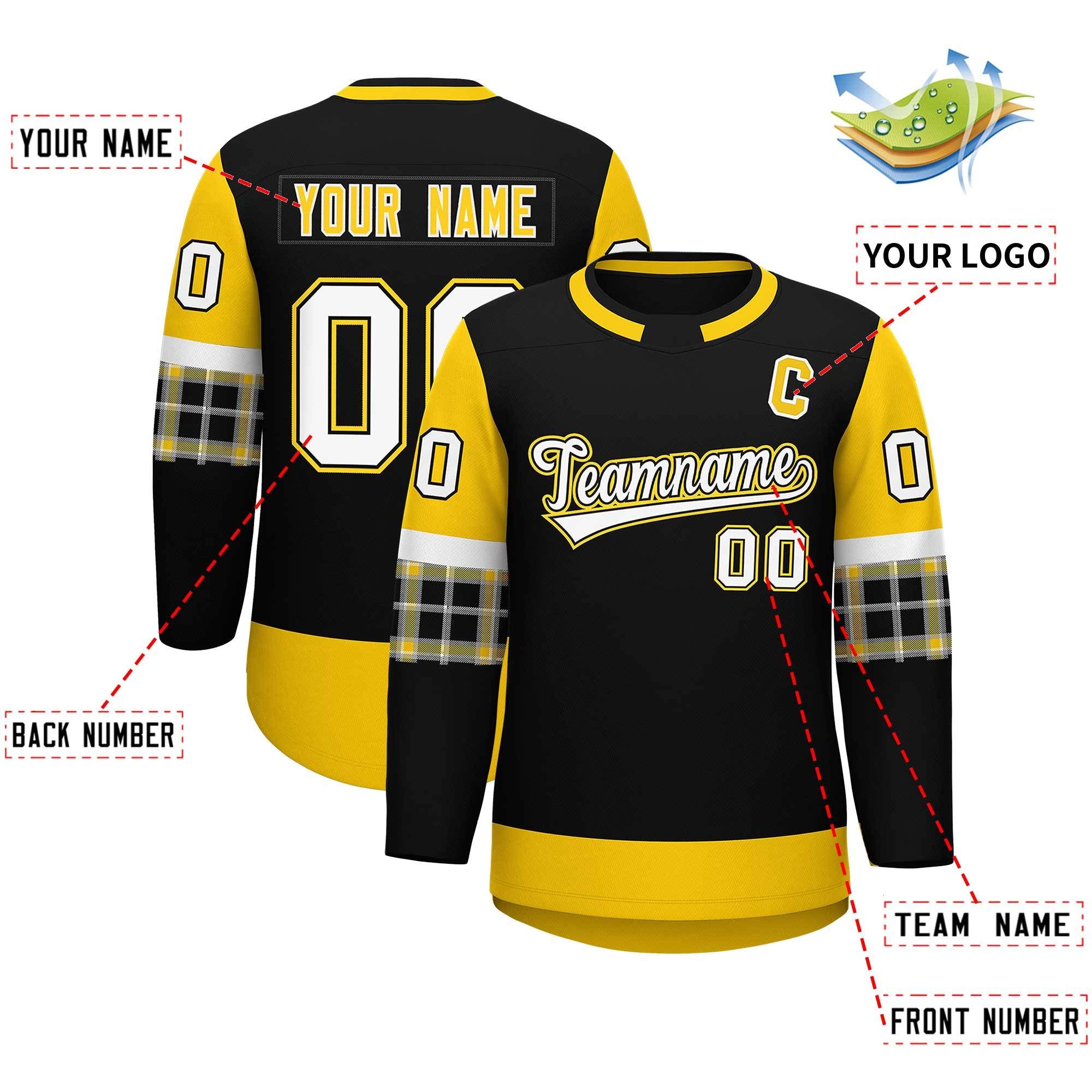 Custom Black Gold Personalized Raglan Sleeves Round-Neck Hockey Jersey