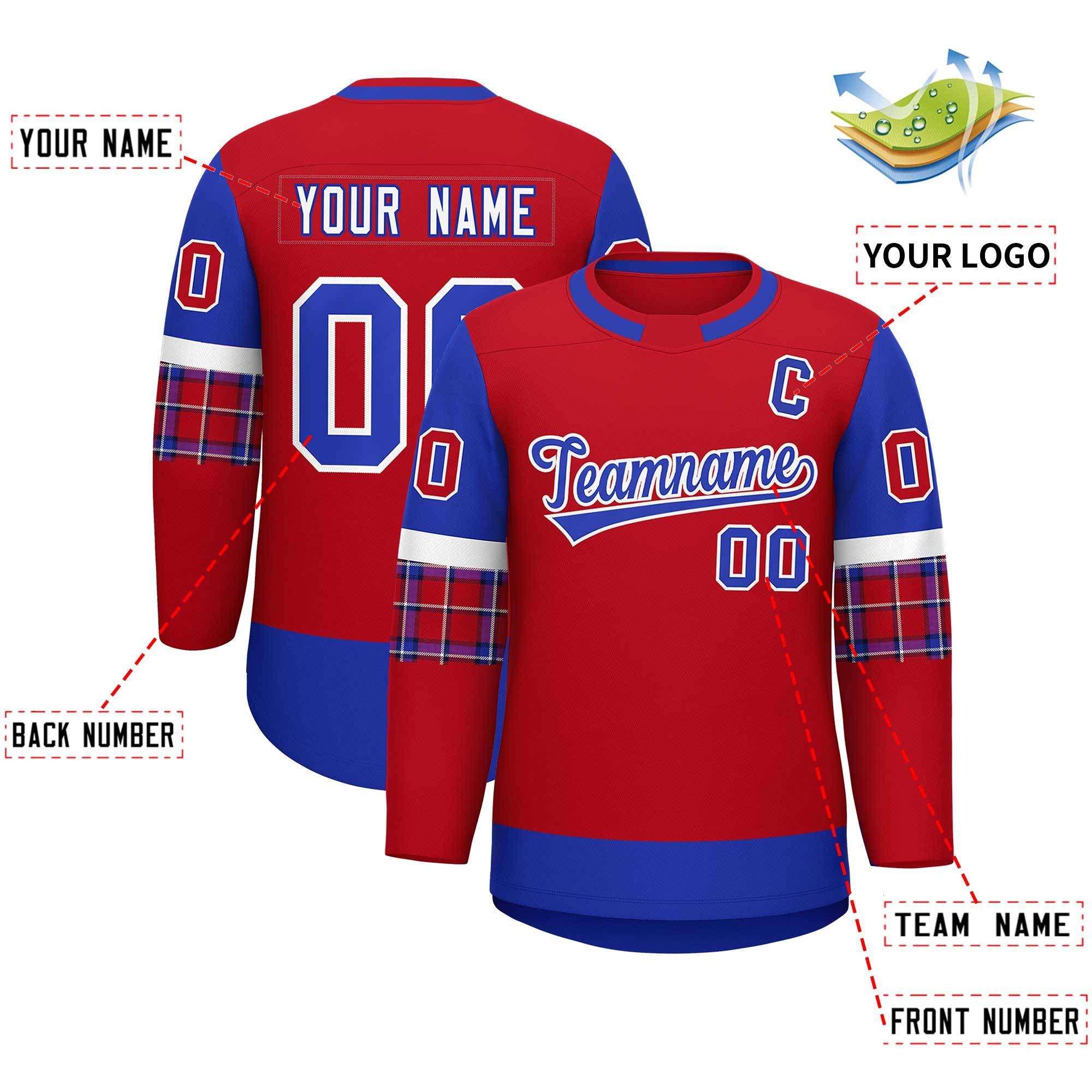 Custom Red Royal Personalized Raglan Sleeves Round-Neck Hockey Jersey