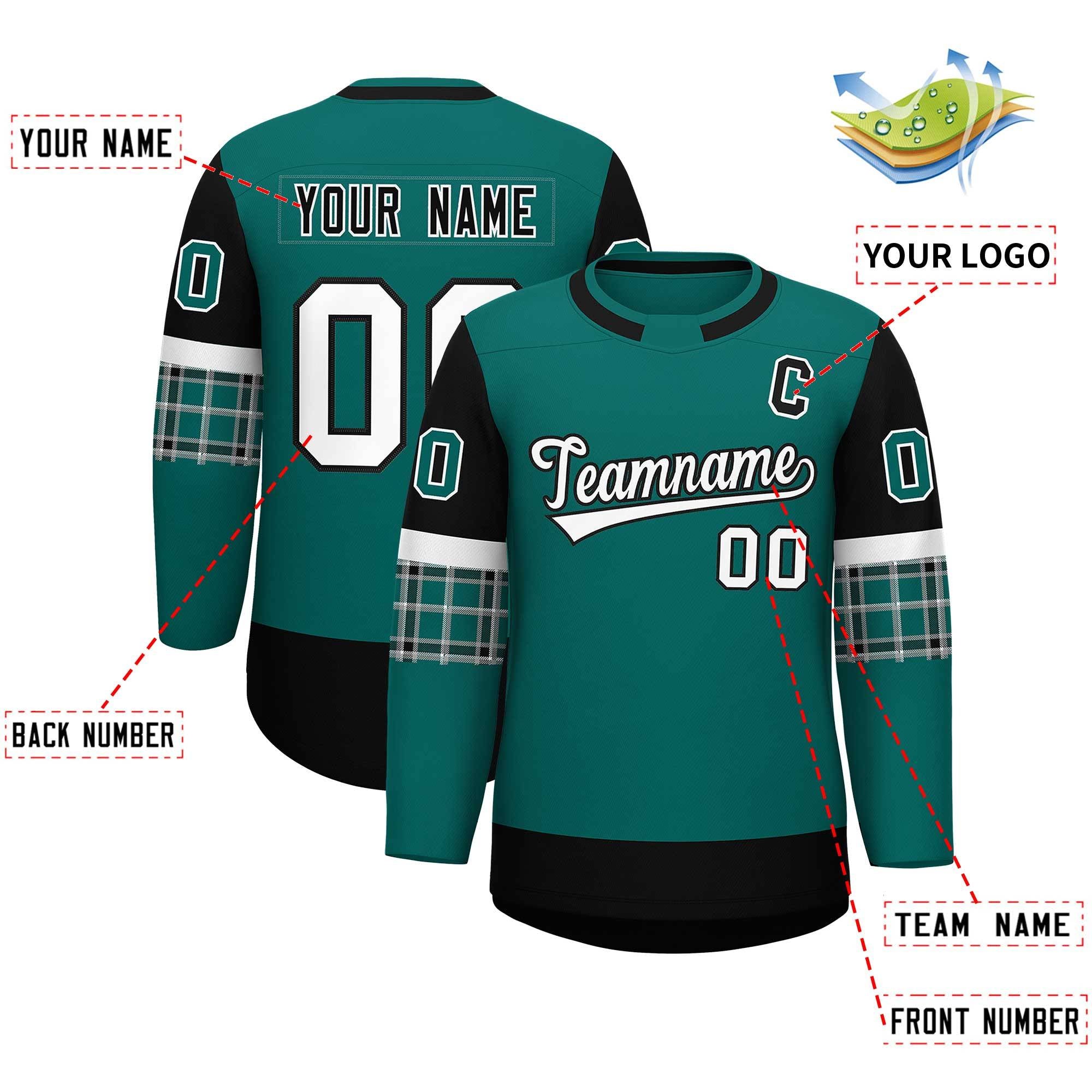 Custom Aqua Black Personalized Raglan Sleeves Round-Neck Hockey Jersey