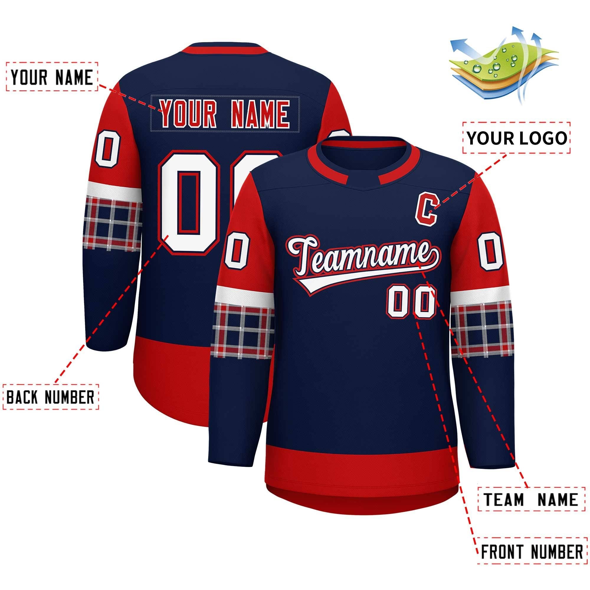 Custom Navy Red Personalized Raglan Sleeves Round-Neck Hockey Jersey