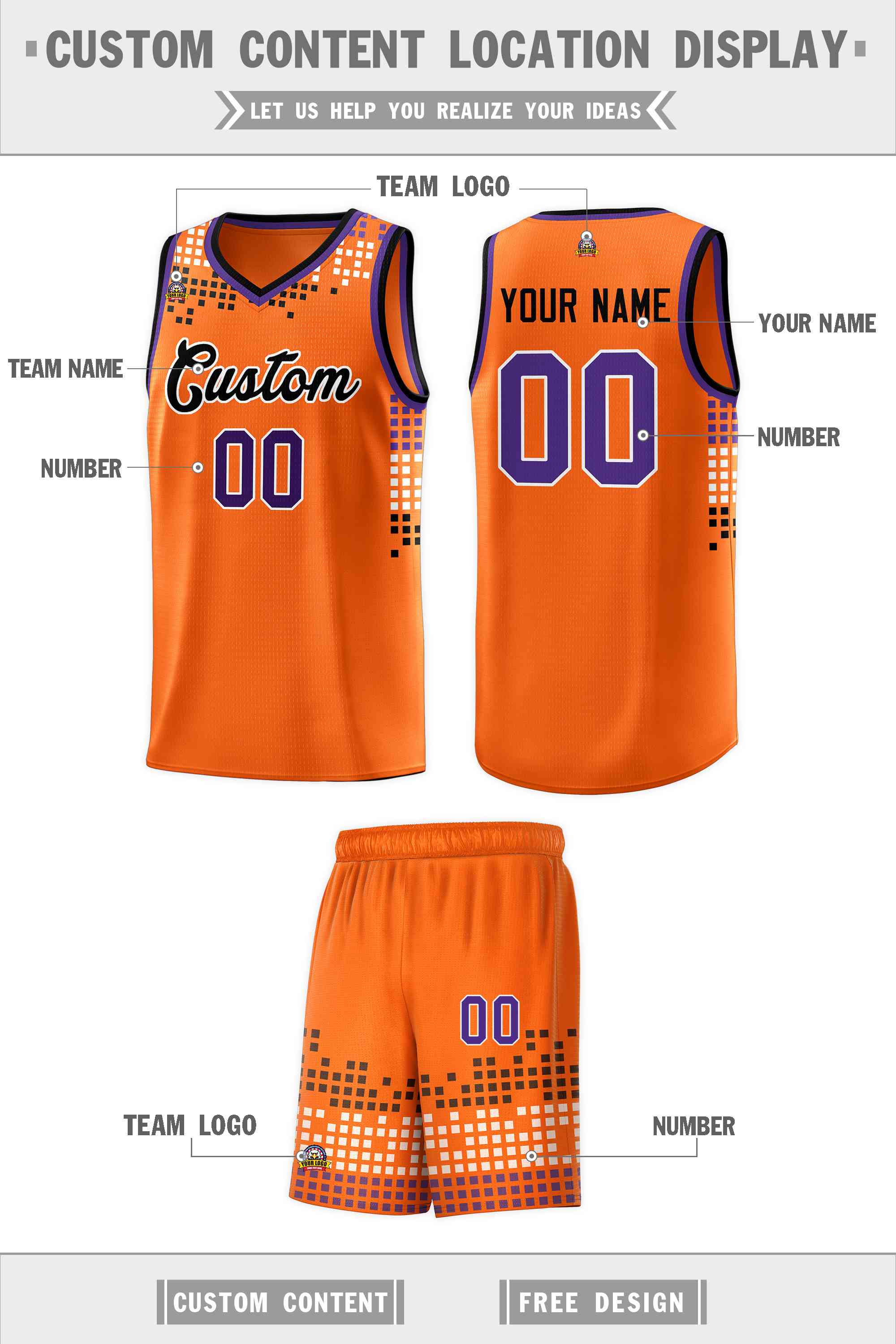 Custom Orange Square Grid Graffiti Pattern Sports Uniform Basketball Jersey